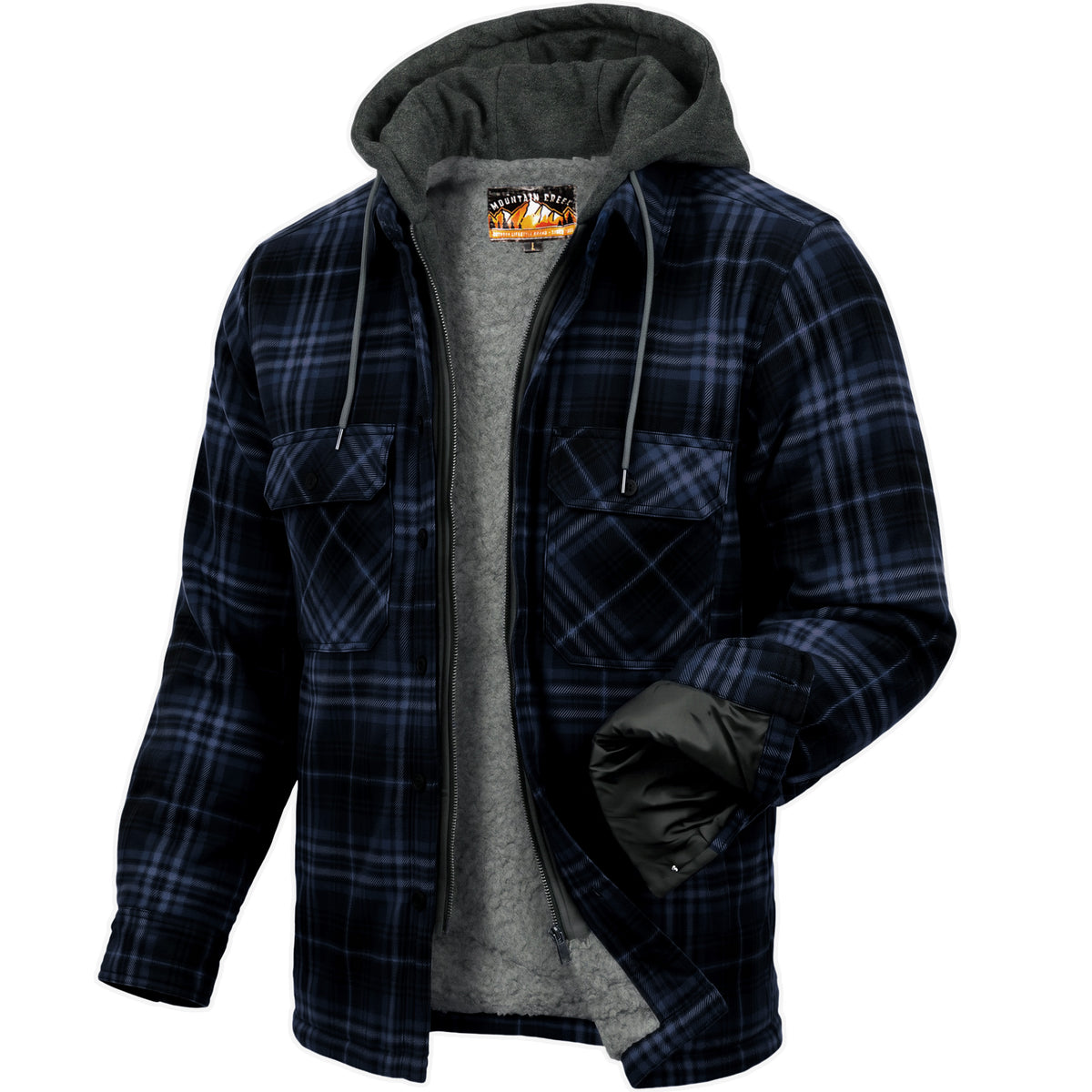 Men's Plaid Hooded Winter Coats in Navy & Assorted Sizes - Bulk Case of 12 Winter Jackets