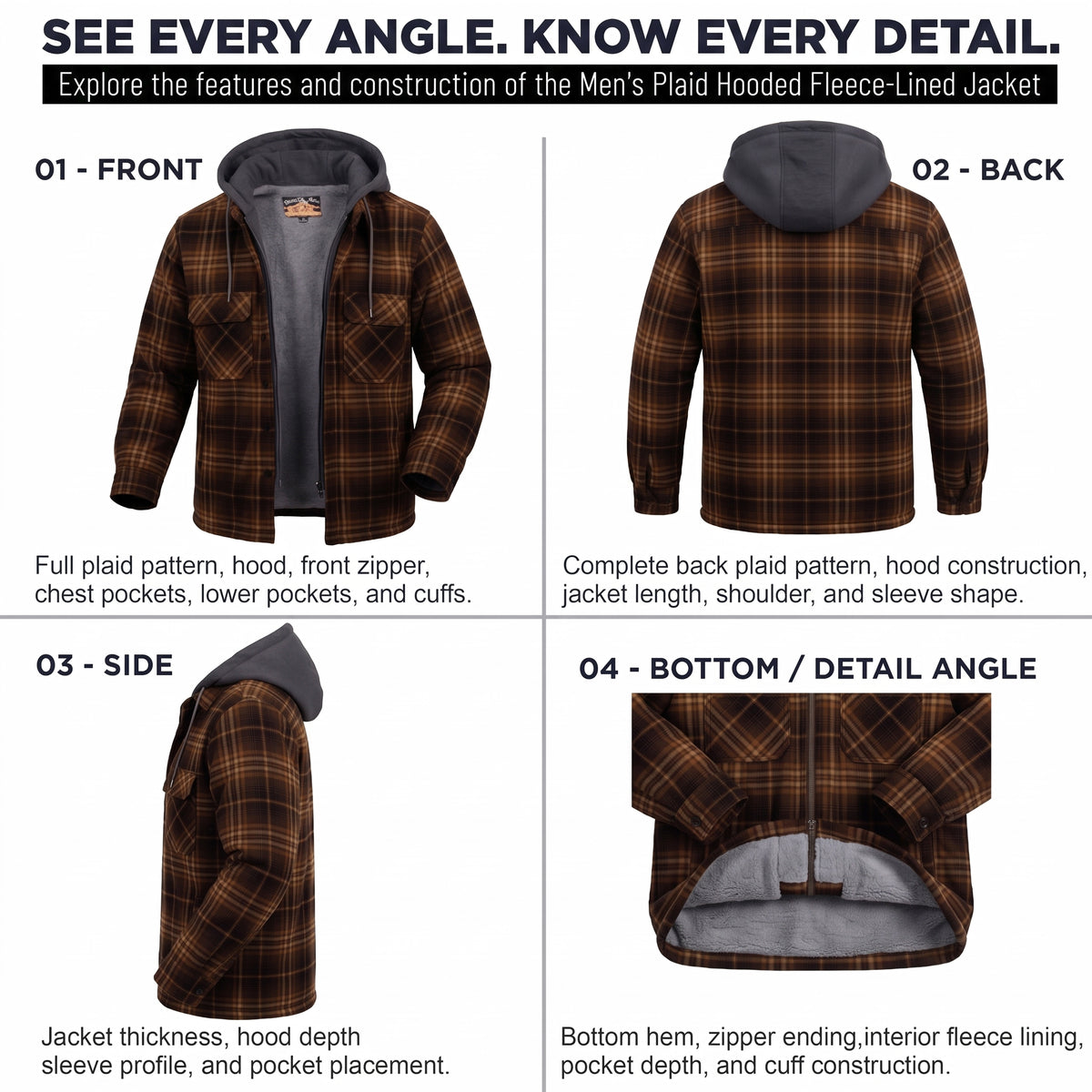 Men's Plaid Hooded Winter Coats in Black/Gold & Assorted Sizes - Bulk Case of 12 Winter Jackets