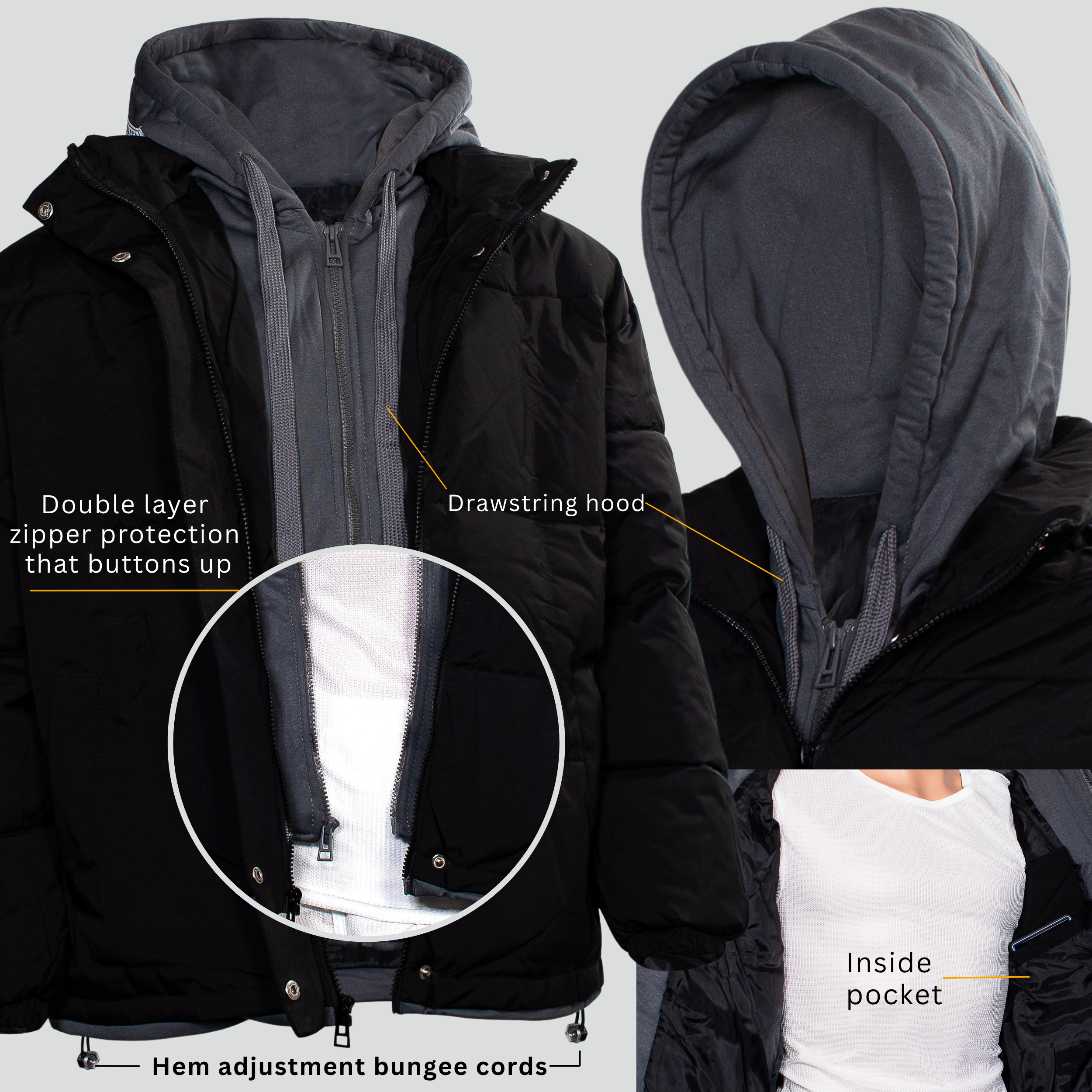 Men's Hooded Warm Winter Wholesale Coats in Black & Assorted Sizes(Large Sizes Only) - Bulk Case of 12 Winter Jackets