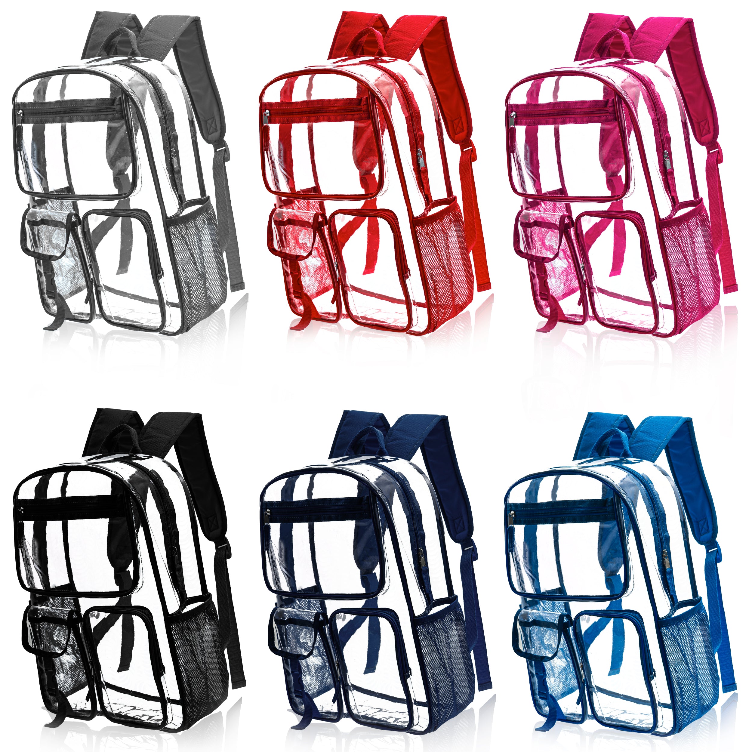 17" Premium Wholesale Clear Backpacks Assorted Colors - Bulk Case of 24 Transparent Bookbags