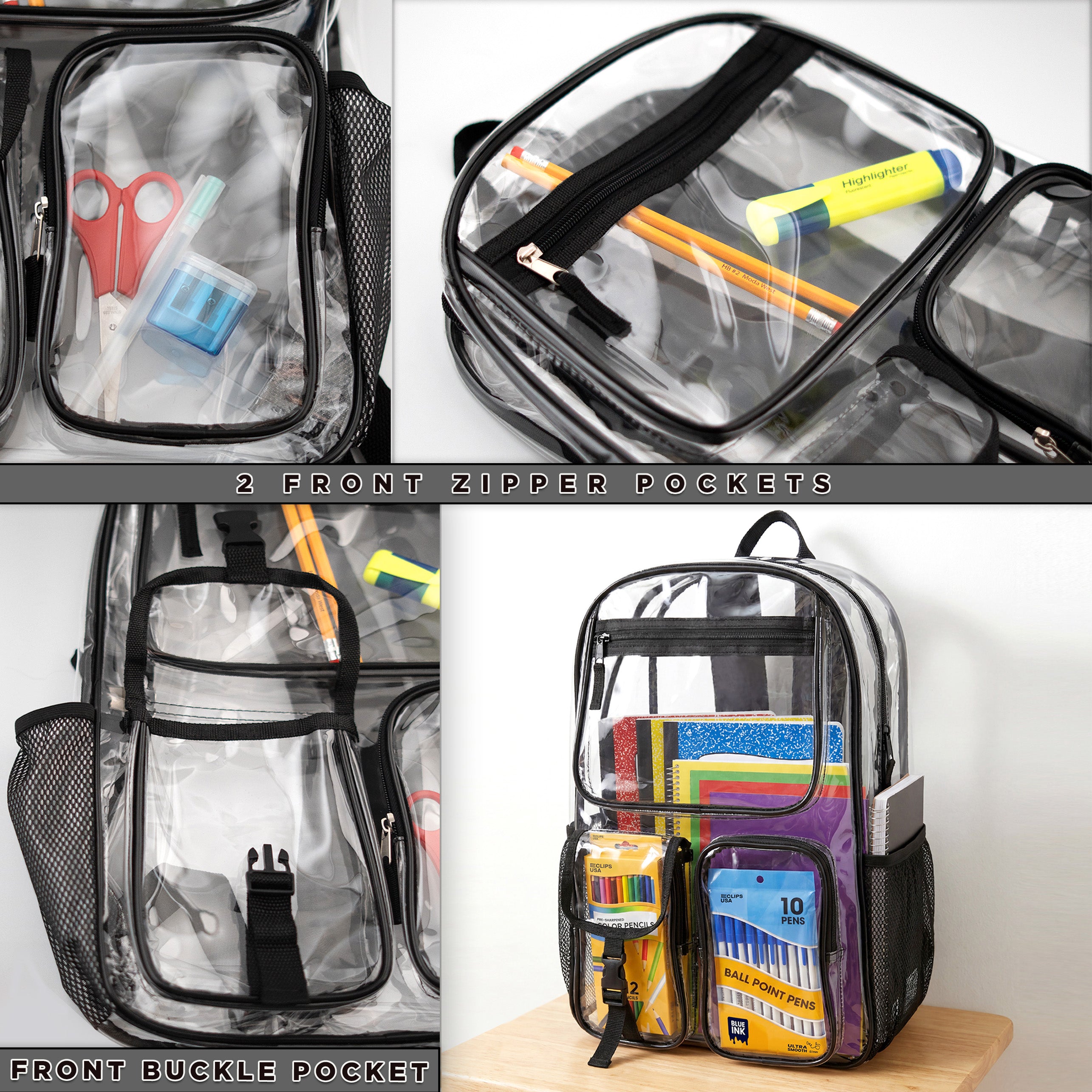 17" Premium Wholesale Clear Backpacks Black Only - Bulk Case of 24 Transparent Bookbags