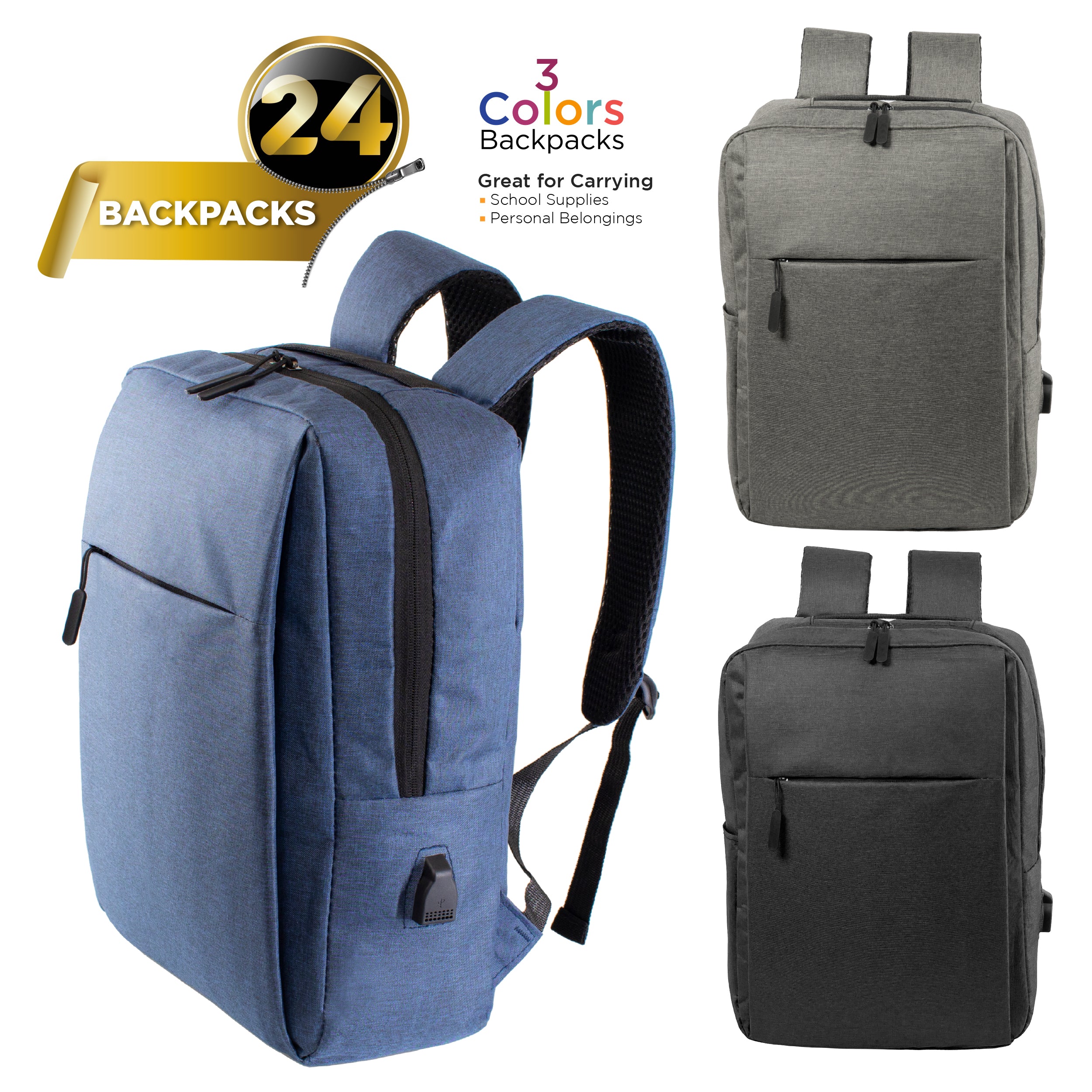 17" Wholesale Premium Design Backpacks in 3 Assorted Colors - Wholesale Bookbags Case of 24