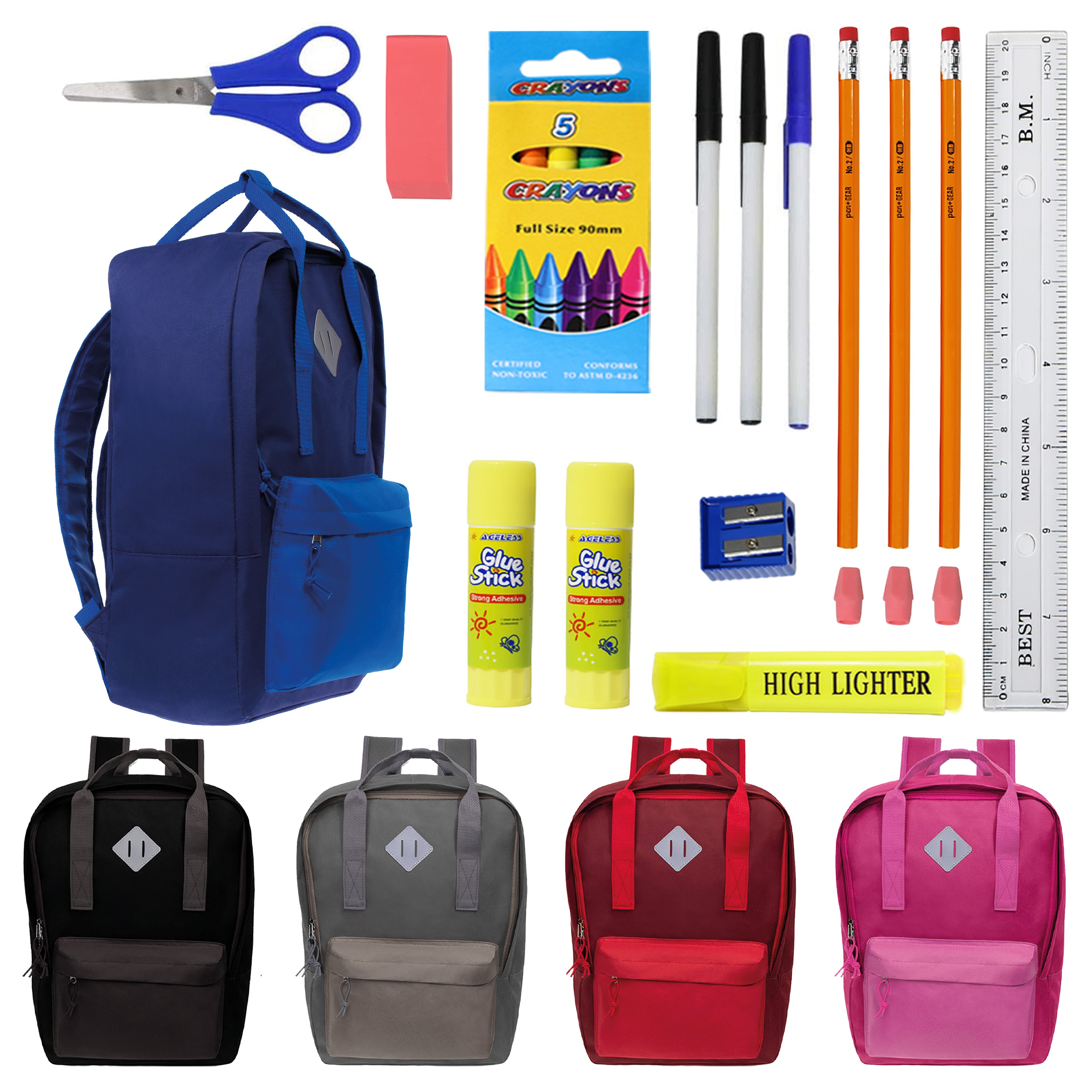 17 Inch Bulk Backpacks in Assorted Colors with School Supply Kits Wholesale - Case of 12