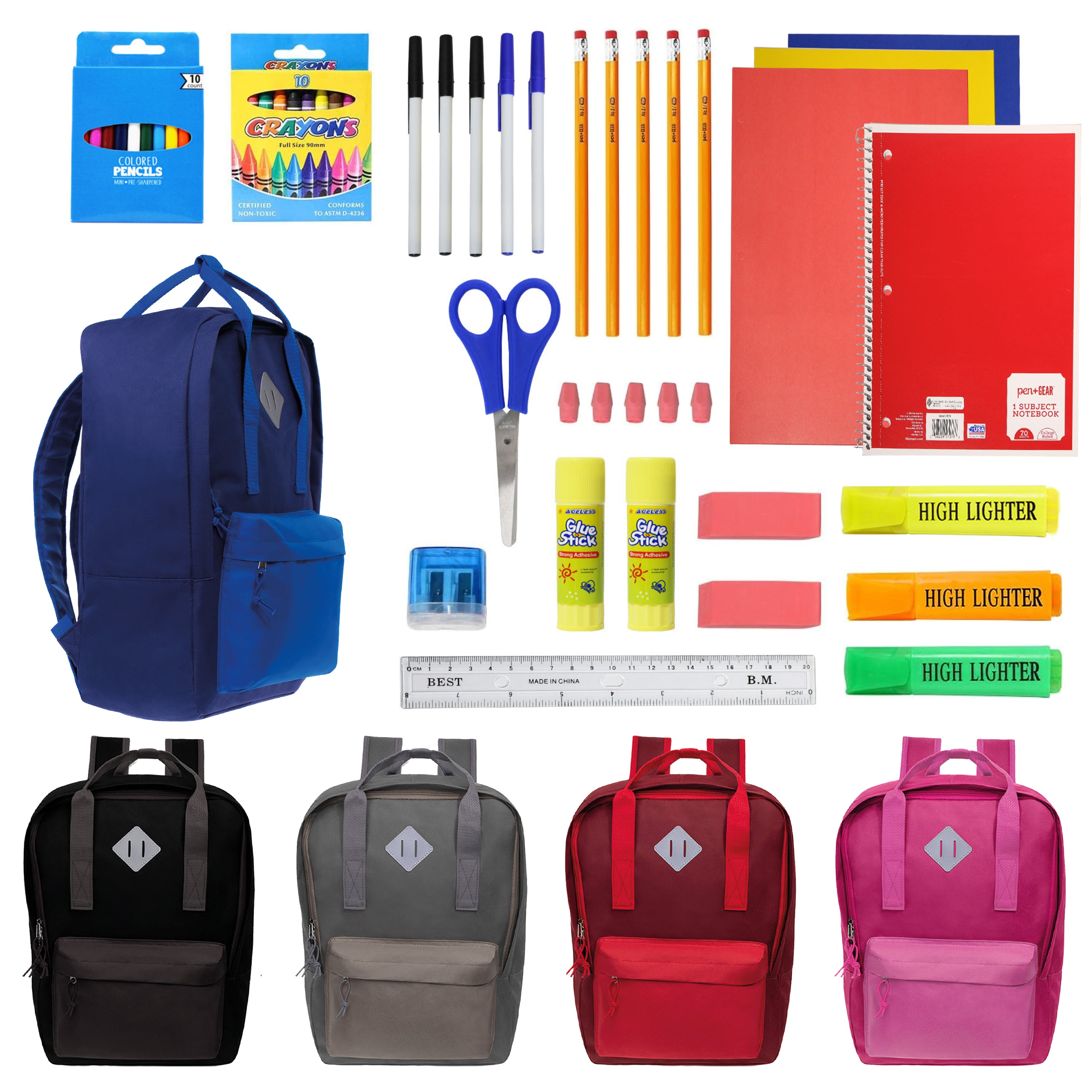 17 Inch Bulk Backpacks in Assorted Colors with School Supply Kits Wholesale - Case of 12