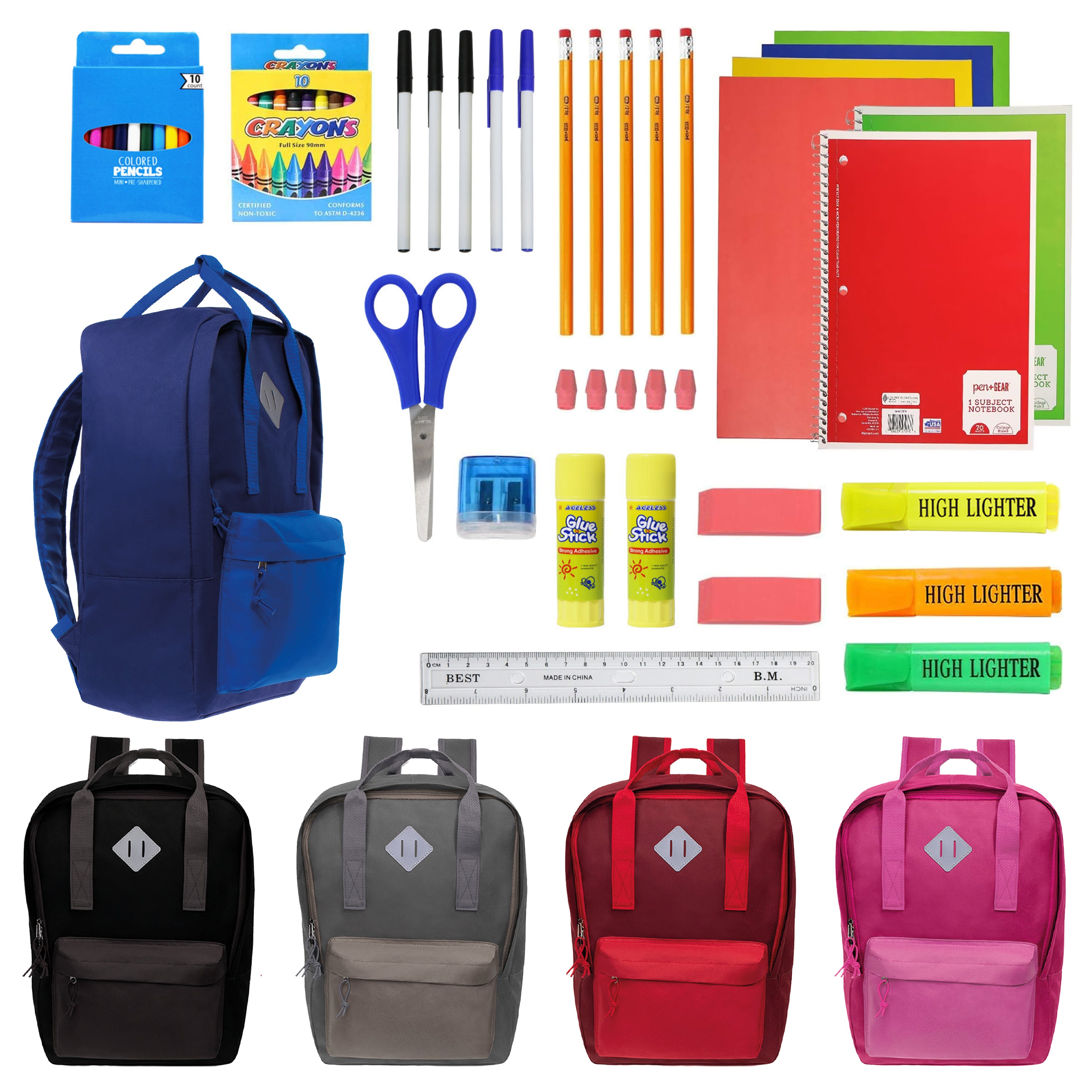 17 Inch Bulk Backpacks in Assorted Colors with School Supply Kits Wholesale - Case of 12