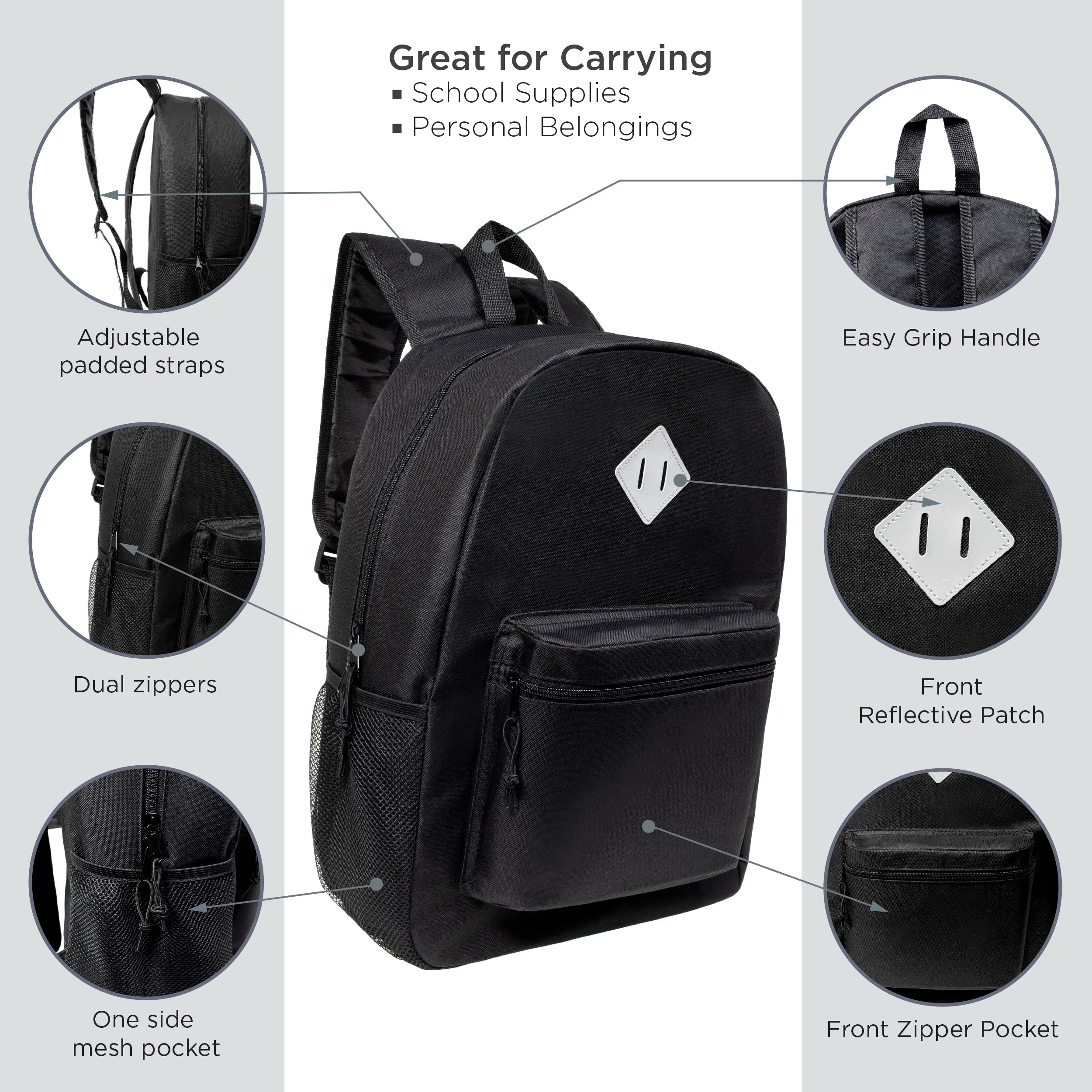 17" Deluxe Wholesale Backpack in Black Colors - Bulk Case of 24