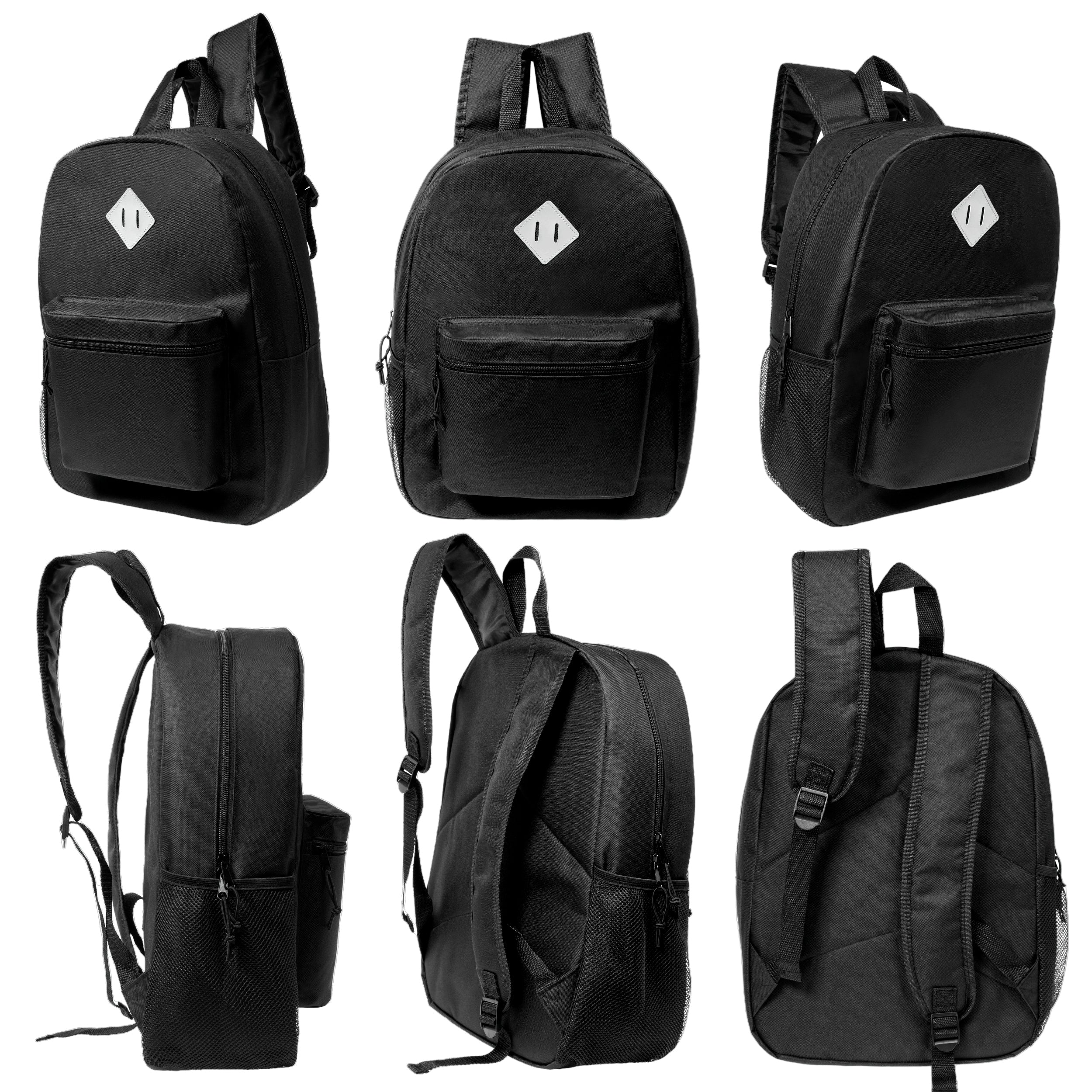 12 Black 17" Backpacks with a Diamond Patch & Side Pocket & 12 Bulk School Supply Kits of Your Choice