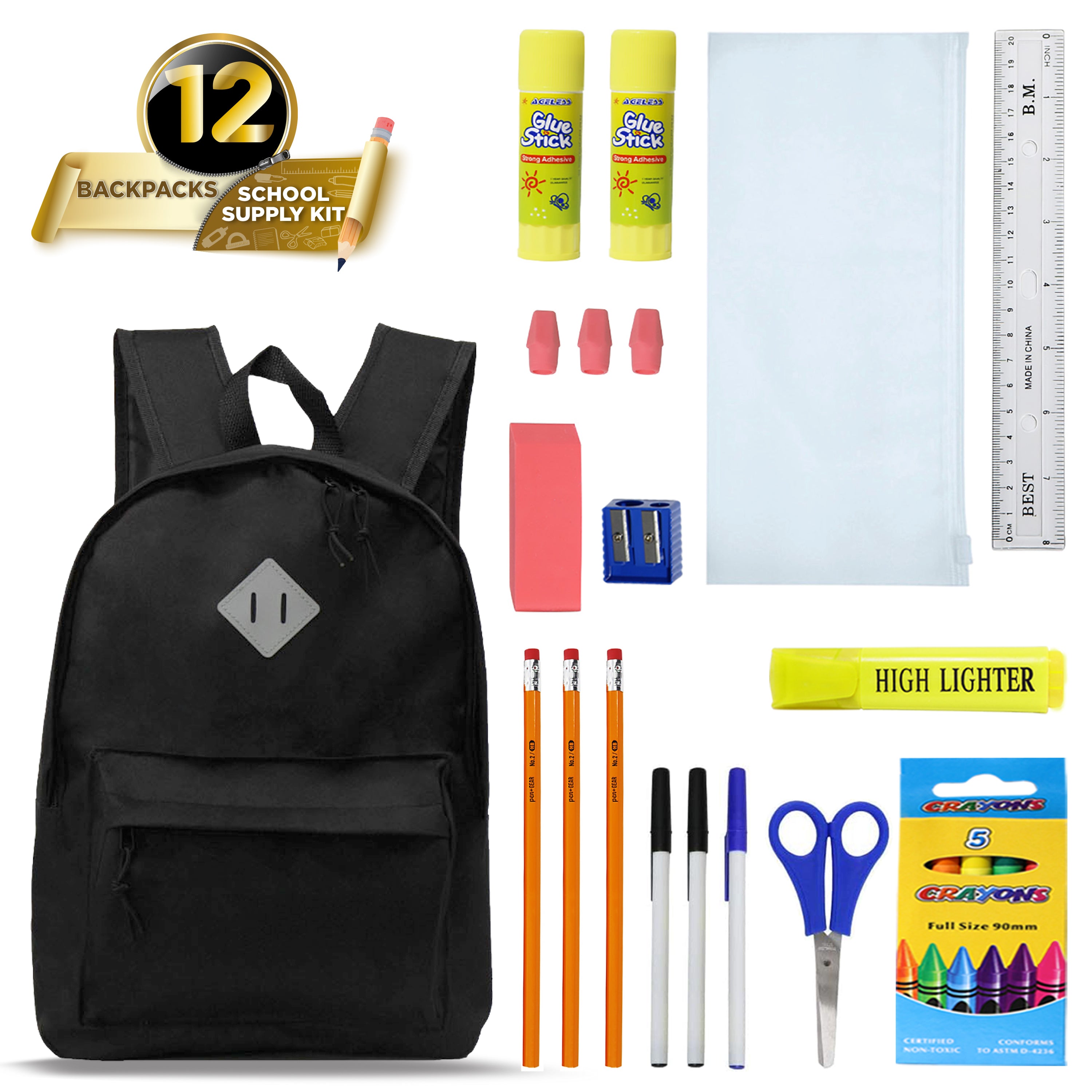 17 Inch Bulk Backpacks in Black with School Supply Kits Wholesale - Case of 12