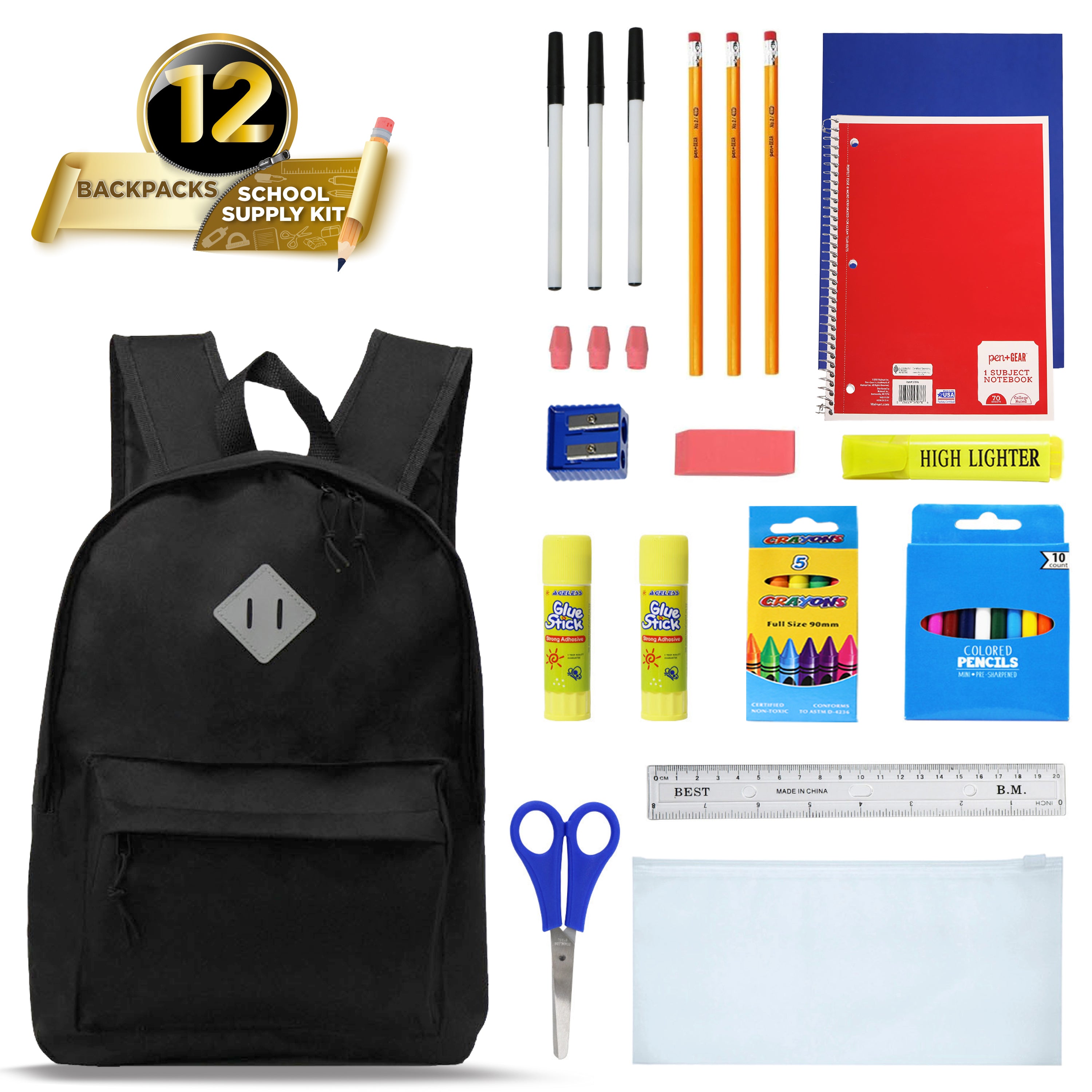 17 Inch Bulk Backpacks in Black with School Supply Kits Wholesale - Case of 12