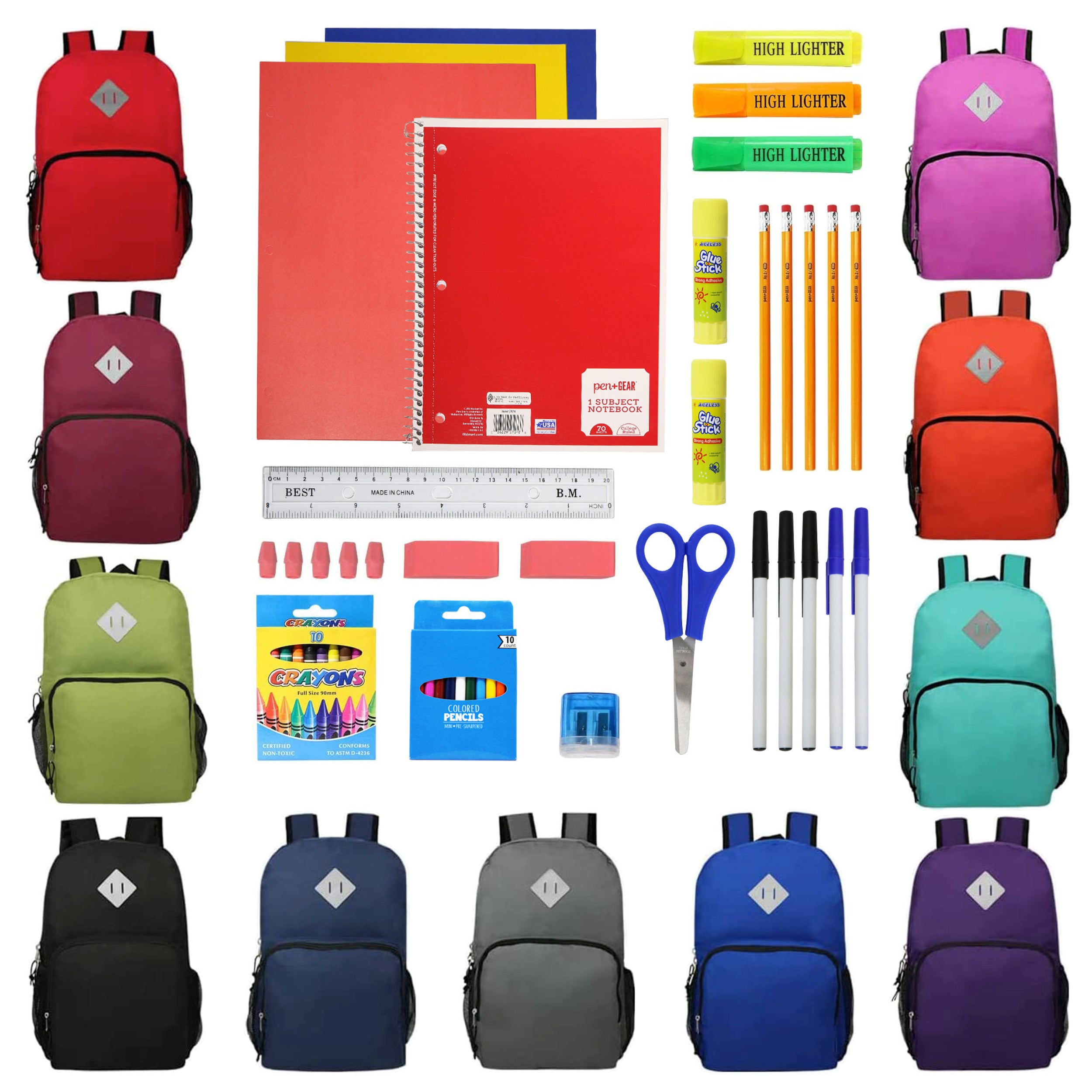 50 Piece Wholesale Deluxe School Supply Kit With 17" Backpack - Bulk Case of 12 Backpacks and Kits