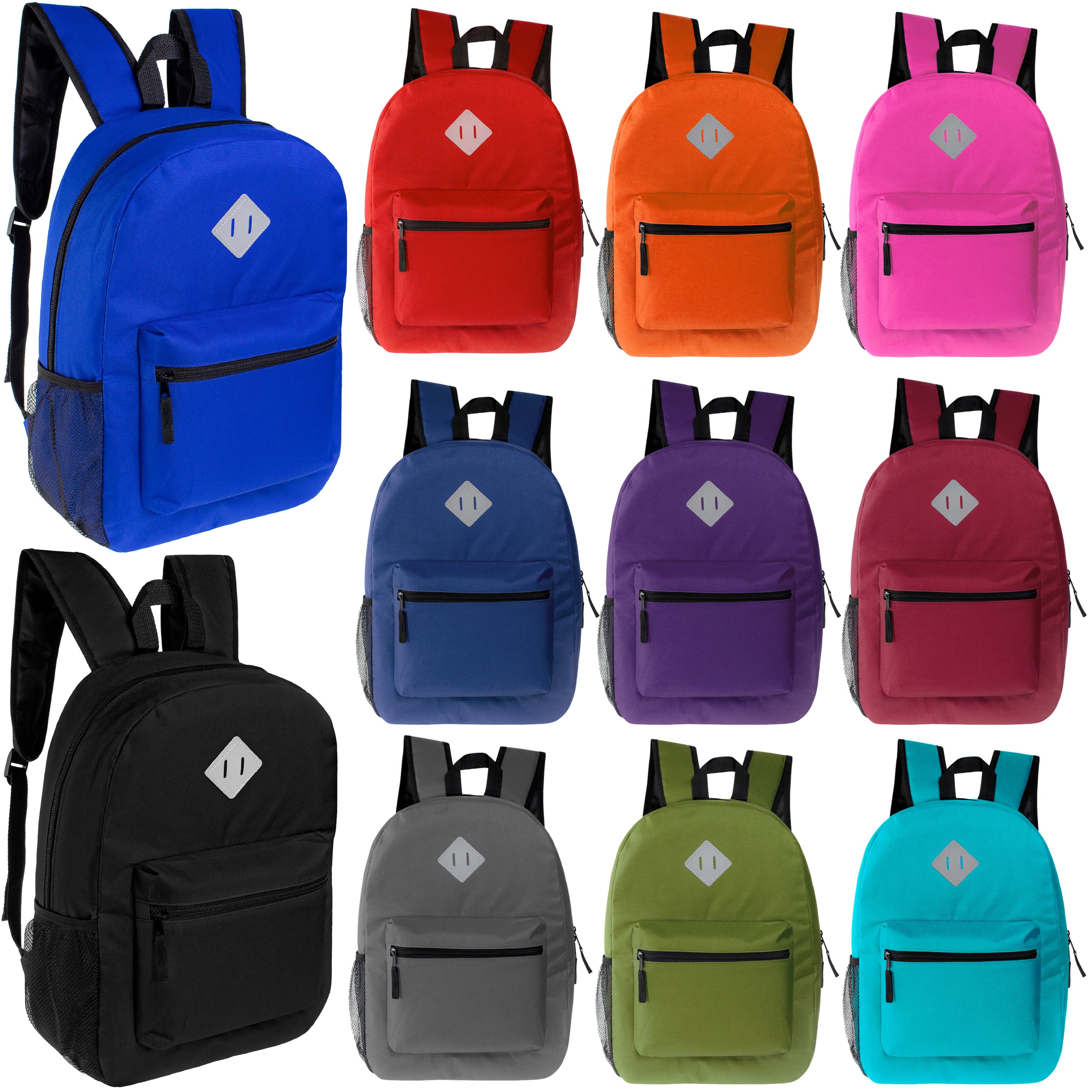 17" Wholesale Diamond Patch Backpack in 11 Colors with a Padded Back - Bulk Case of 24 Bookbags
