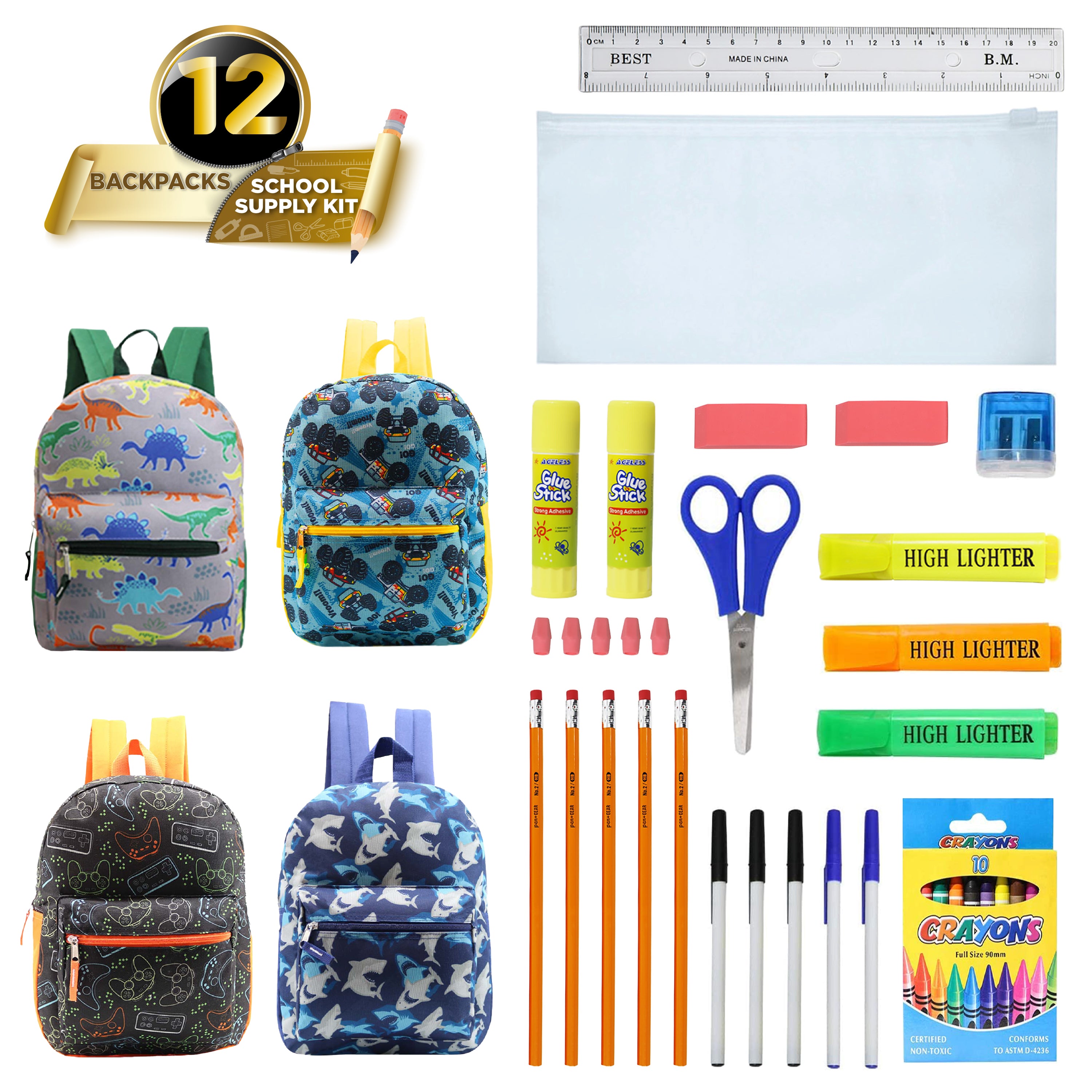 15 inches School Backpacks for Kids In Assorted Prints Bulk School Supplies - Kit Case Of 12