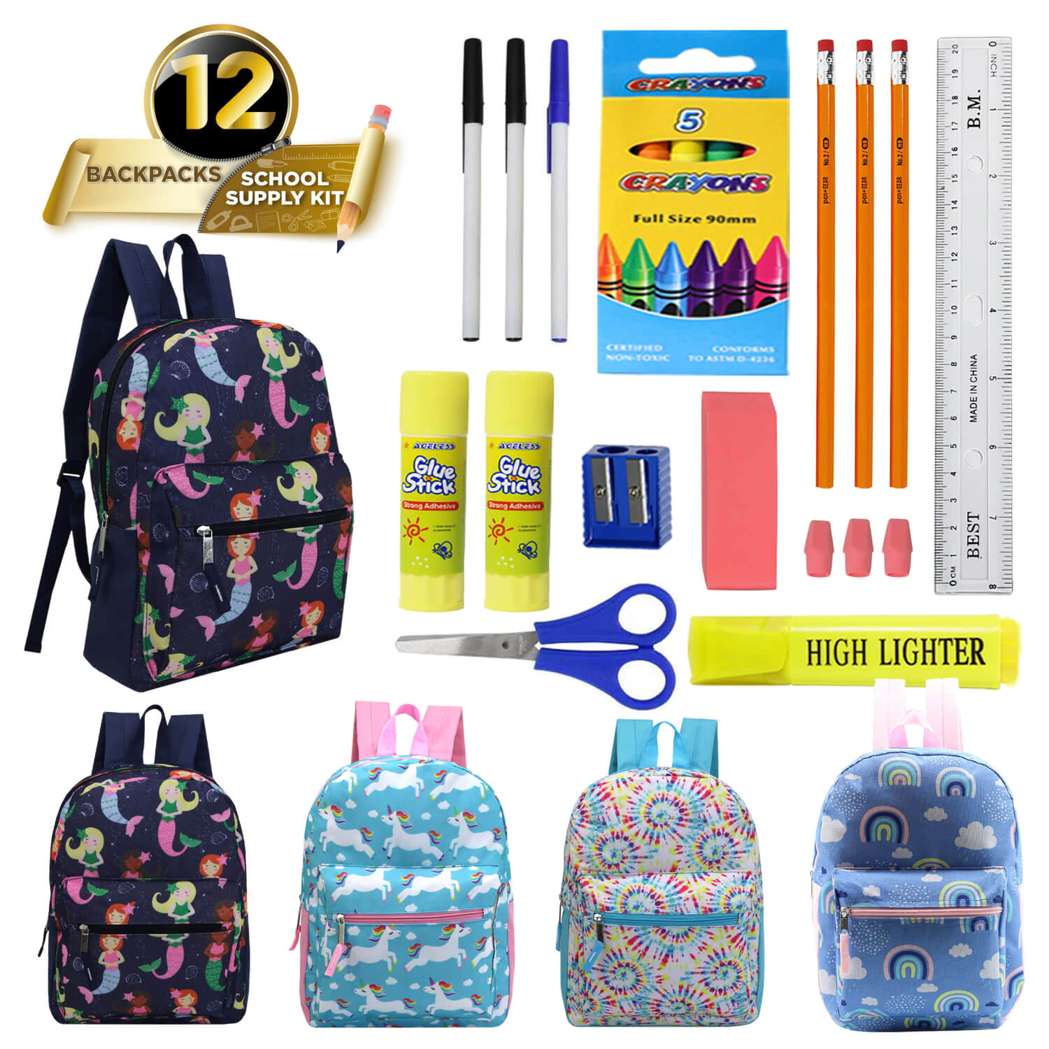 17 Inch Bulk Backpacks in Assorted Prints with School Supply Kits Wholesale - Case of 12