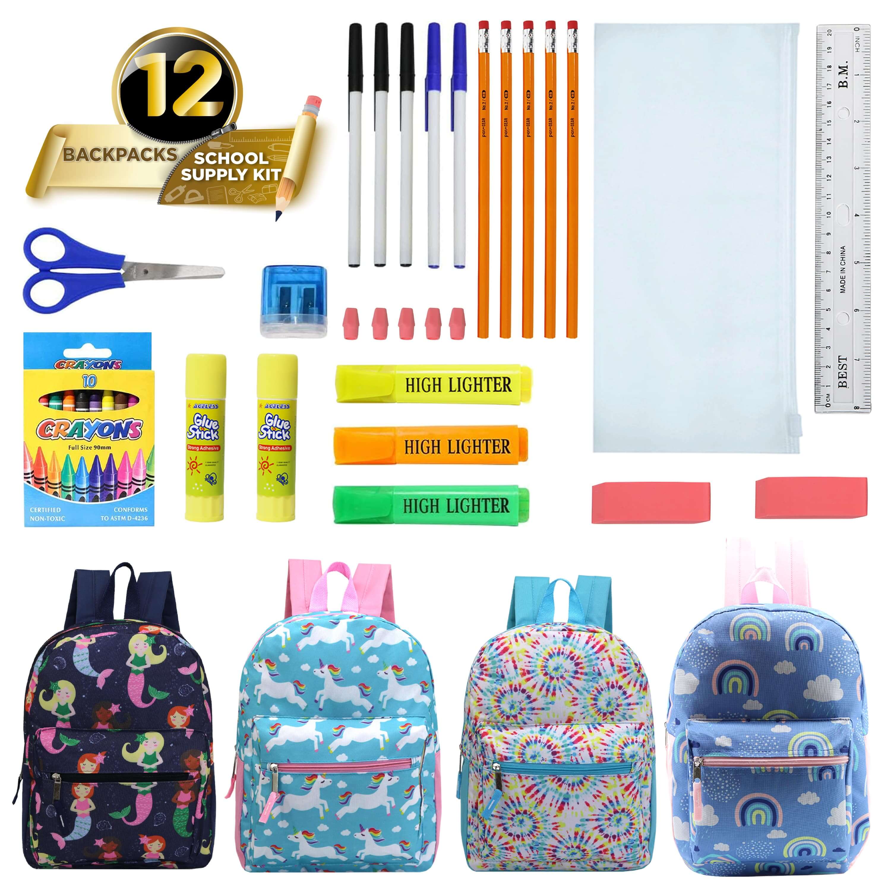 17 Inch Bulk Backpacks in Assorted Prints with School Supply Kits Wholesale - Case of 12