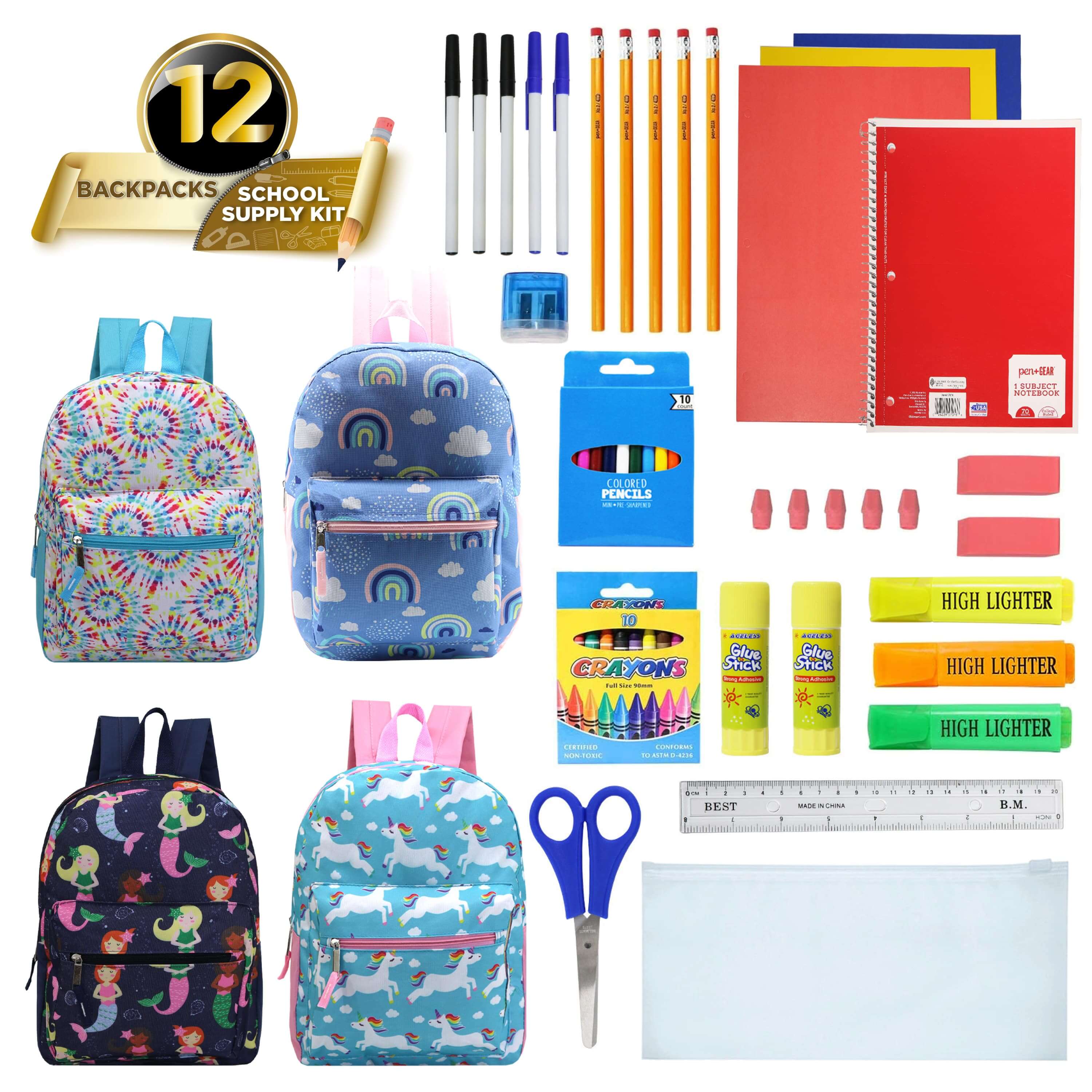 17 Inch Bulk Backpacks in Assorted Prints with School Supply Kits Wholesale - Case of 12