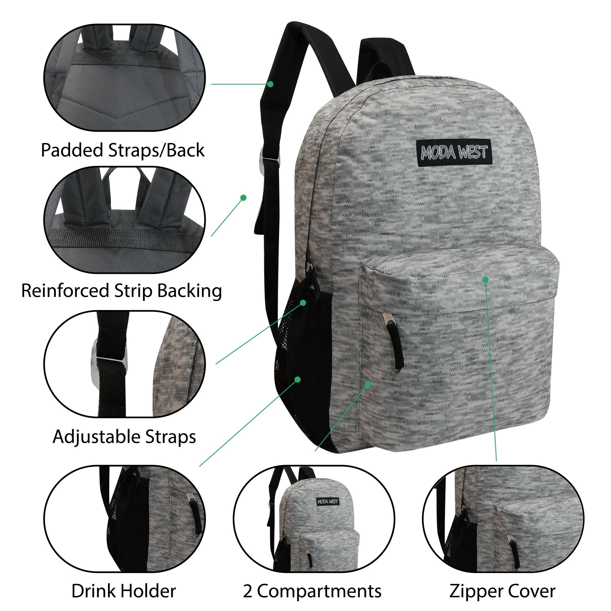 24 Pack of 17" Kids Basic Wholesale Backpack in Assorted Colors and Prints - Bulk Case of 24