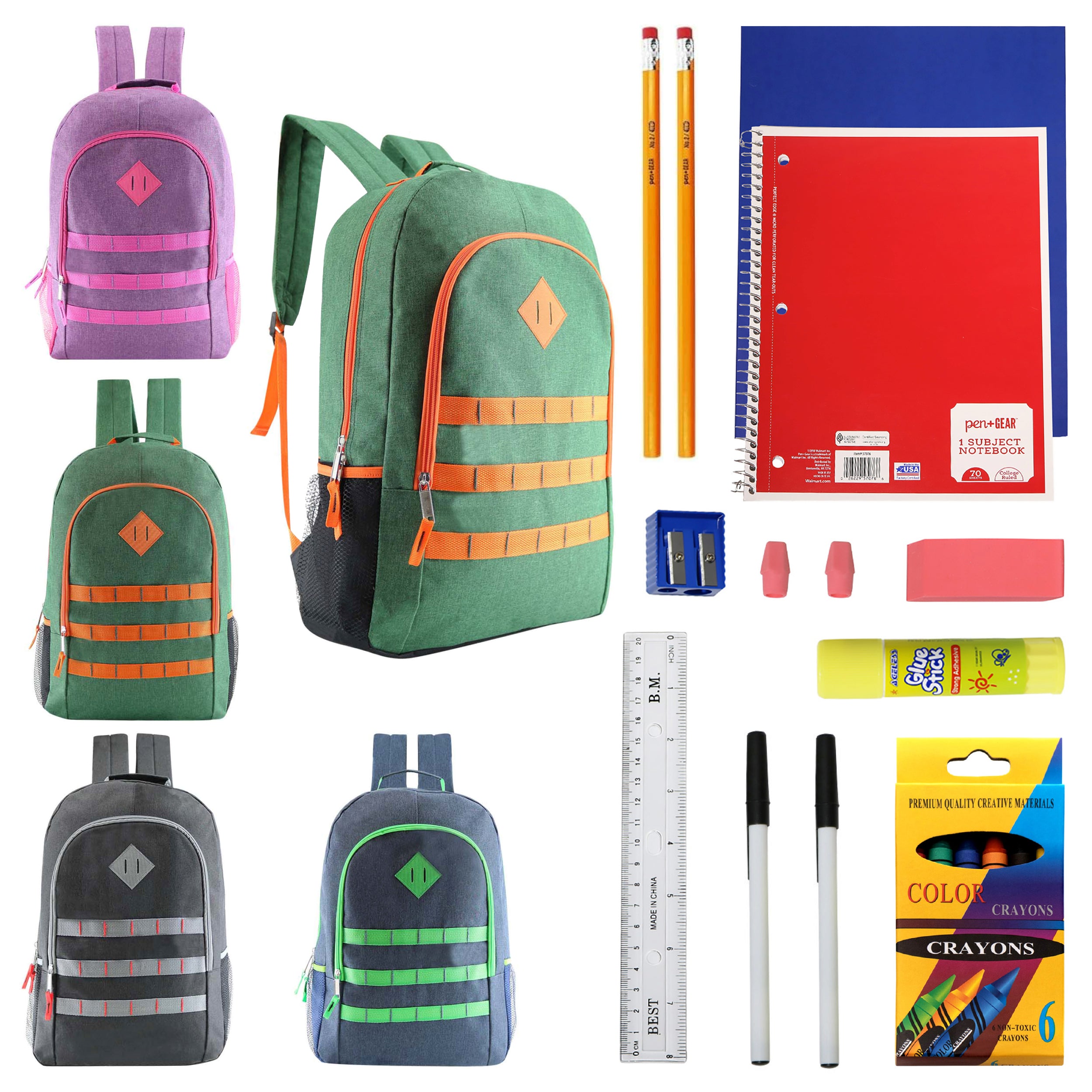 17 Inch Wholesale Backpacks in Assorted Colors with School Supply Kits Bulk - Case of 12