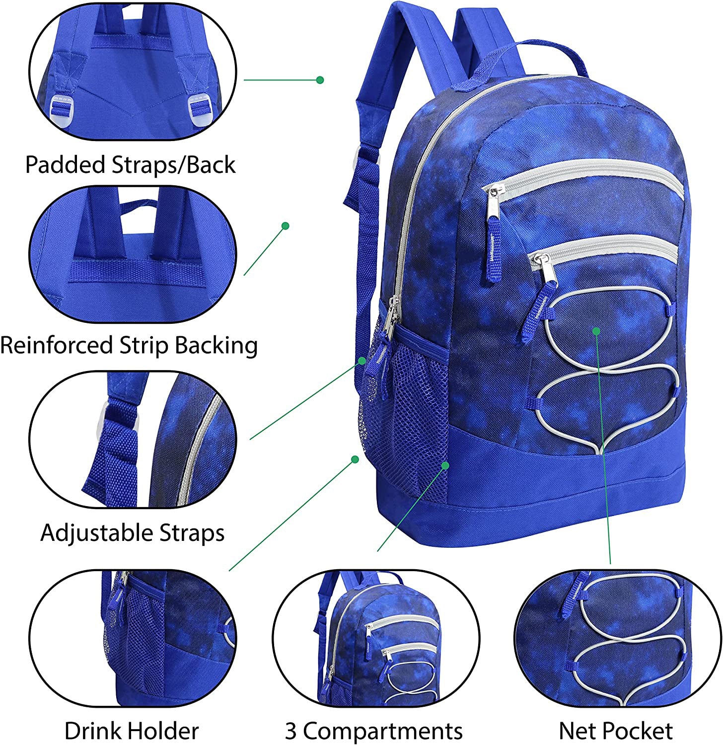 18 Piece Wholesale Bungee School Supply Kit With 17" Backpack - Bulk Case of 8 Backpacks and Kits