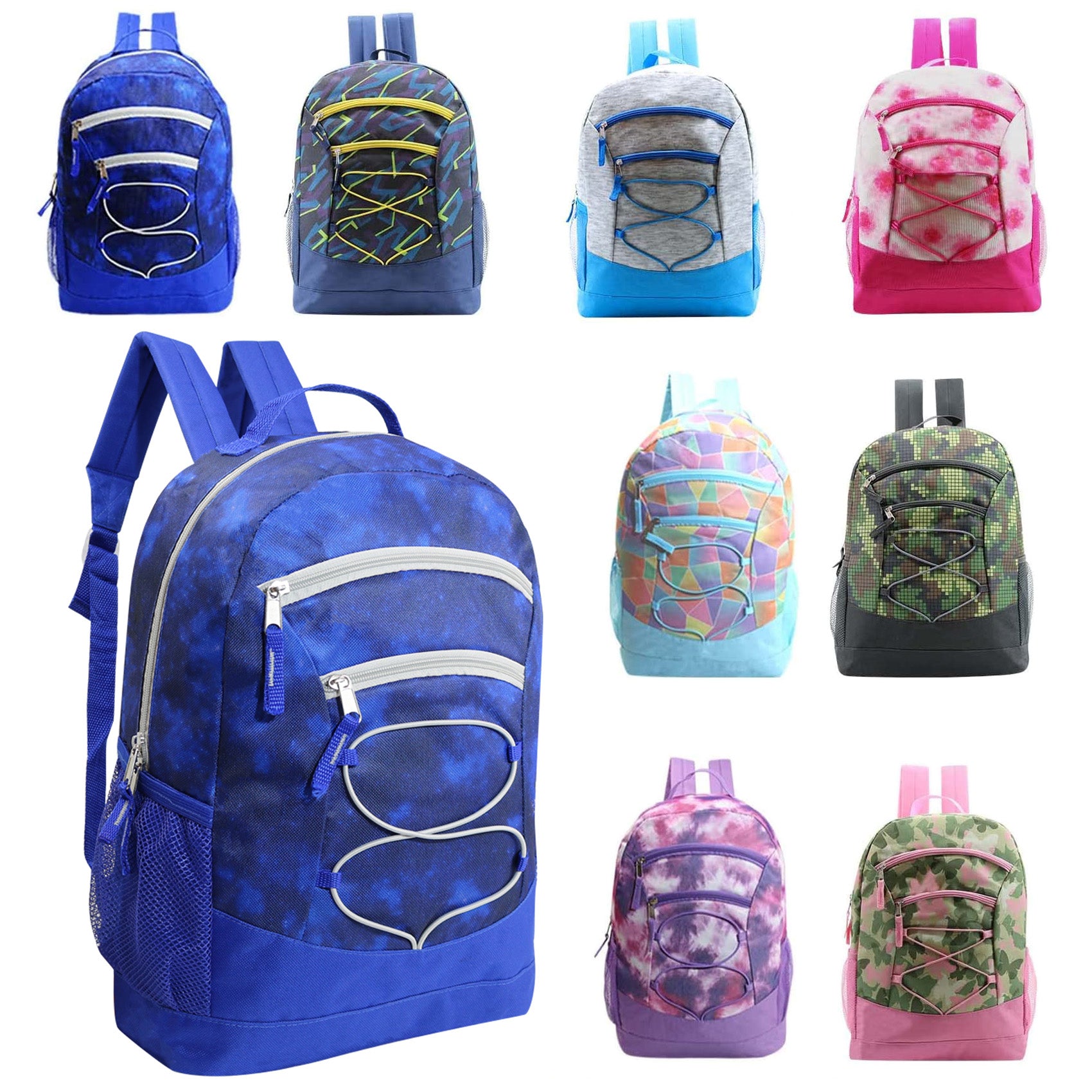 17 Inch Bulk Backpacks in Assorted Prints with School Supply Kits Wholesale - Kit of 12