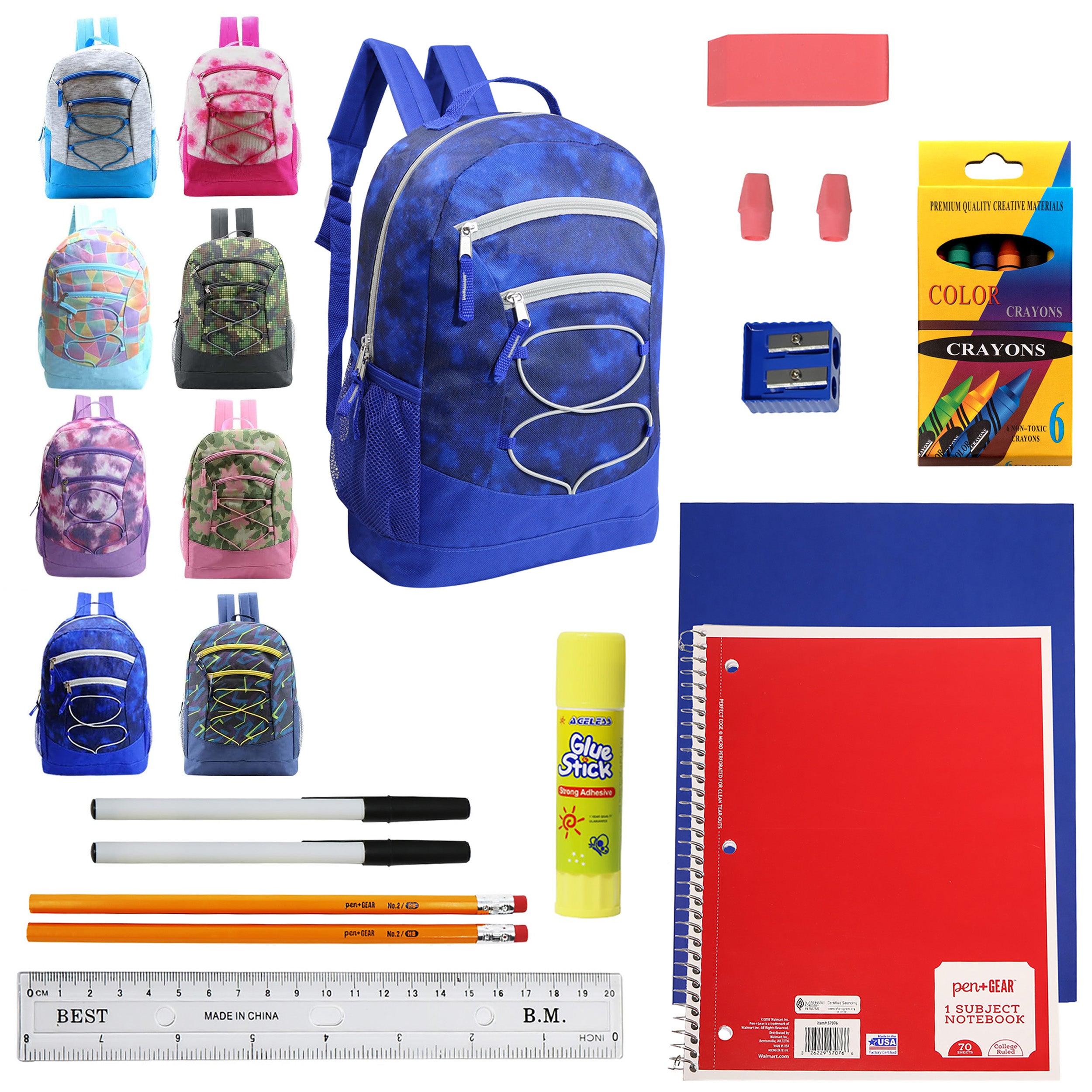 18 Piece Wholesale Bungee School Supply Kit With 17" Backpack - Bulk Case of 8 Backpacks and Kits