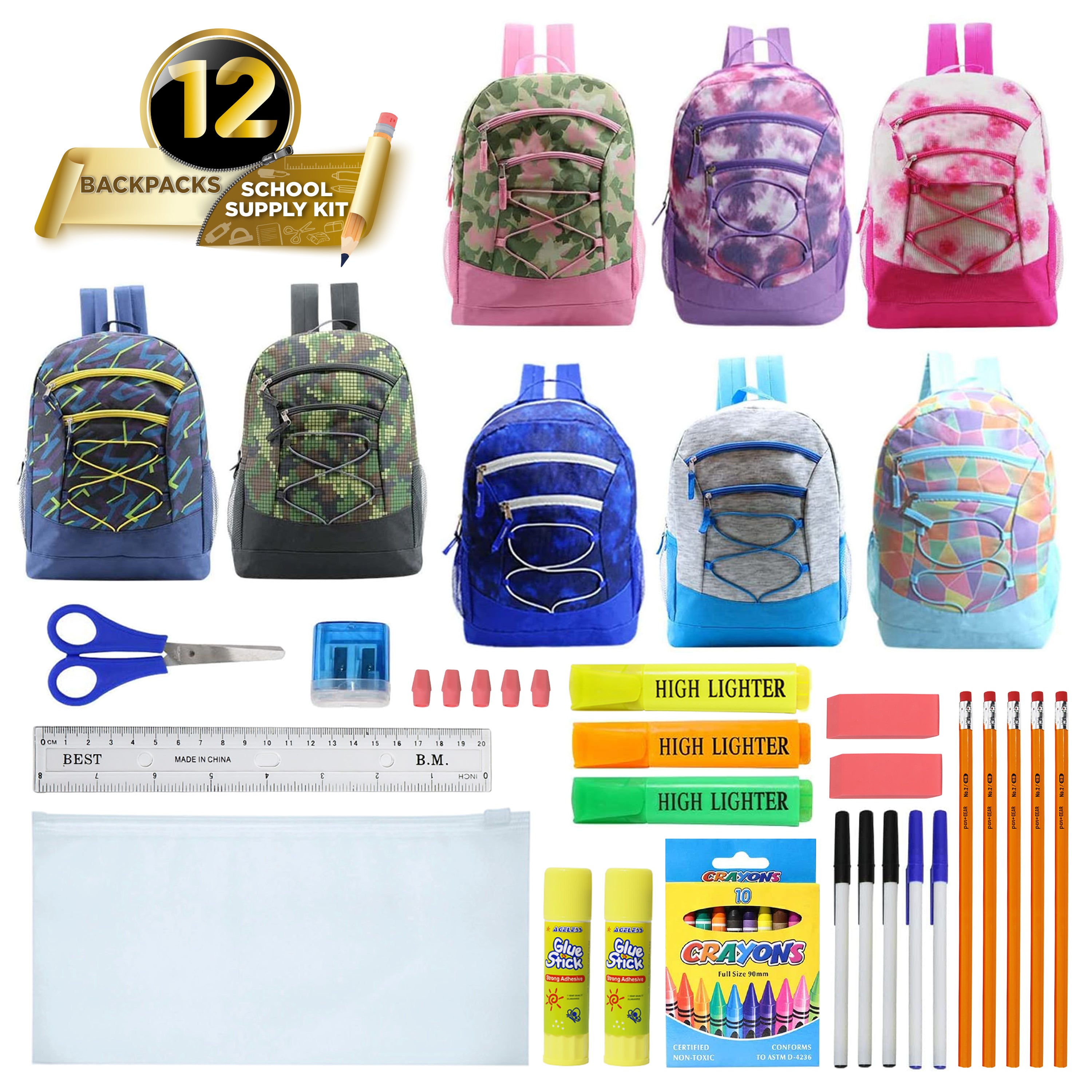 17 Inch Bulk Backpacks in Assorted Prints with School Supply Kits Wholesale - Kit of 12
