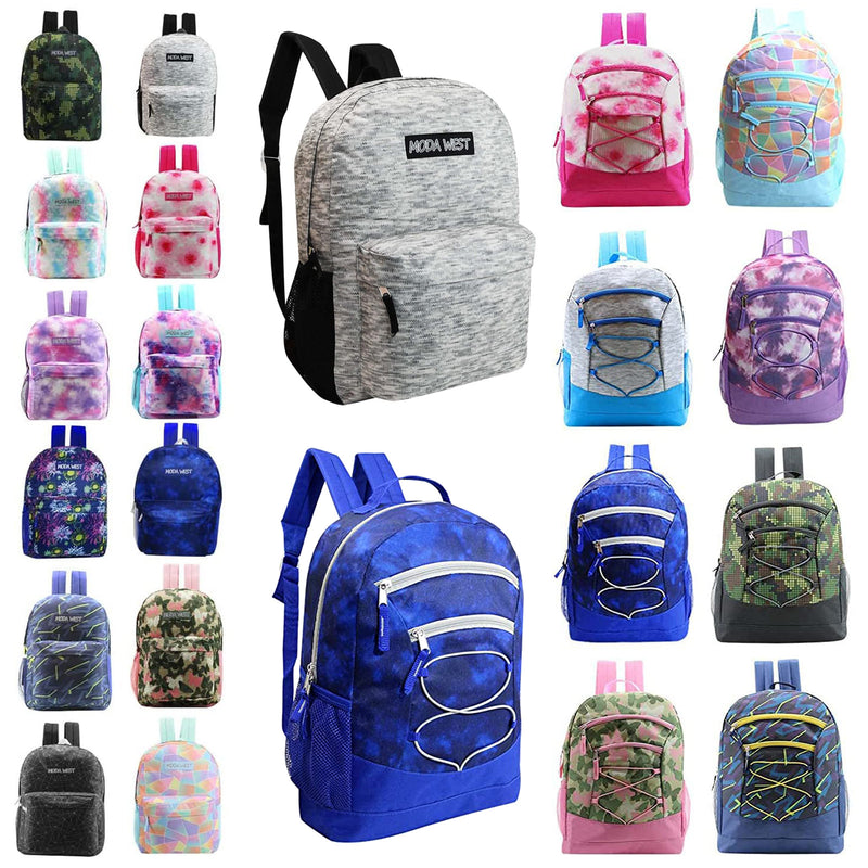24 Pack of 17" Bungee Wholesale Backpack in Assorted Prints - Bulk Case of 24