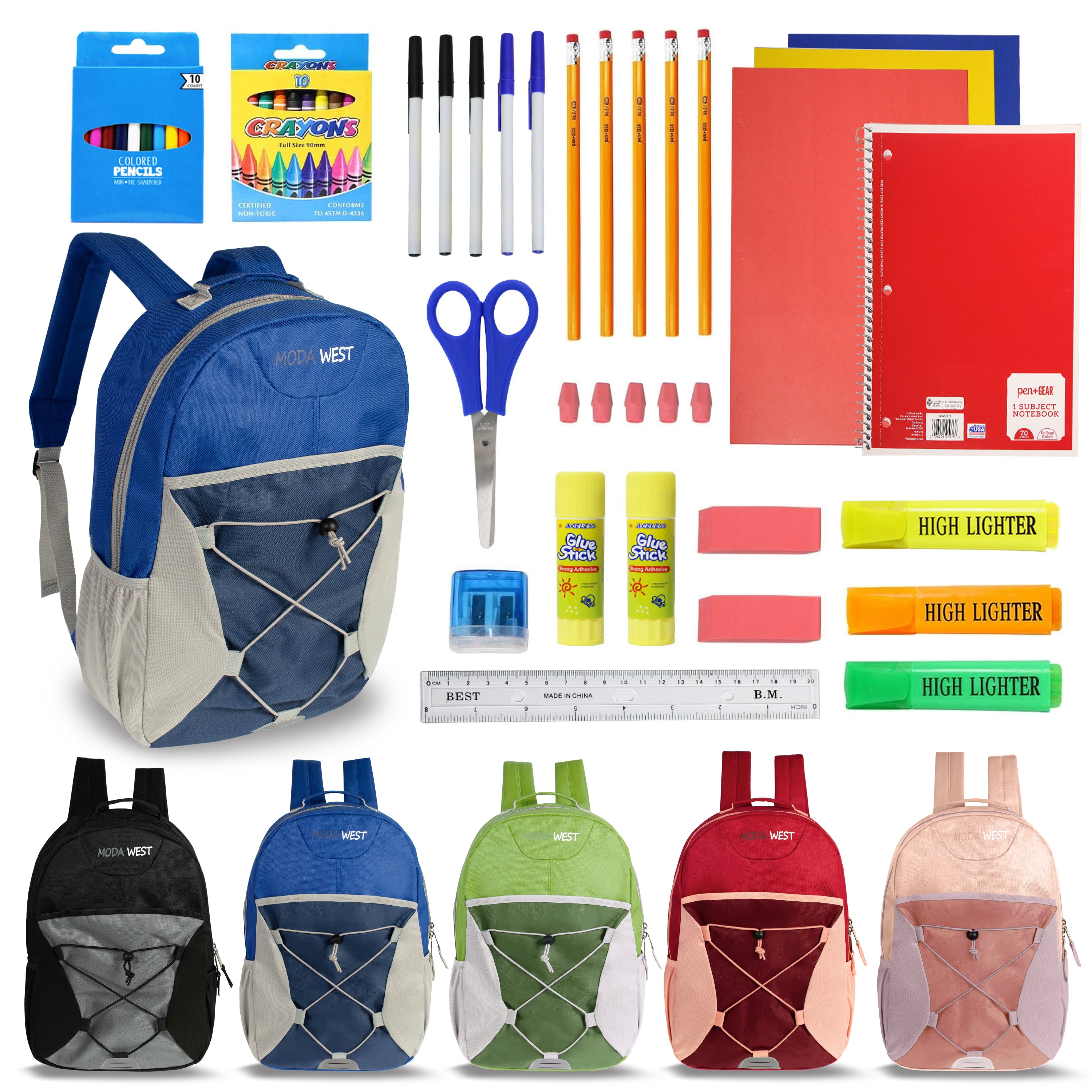17 Inch Bulk Backpacks in Assorted Colors with School Supply Kits Wholesale - Kit of 12
