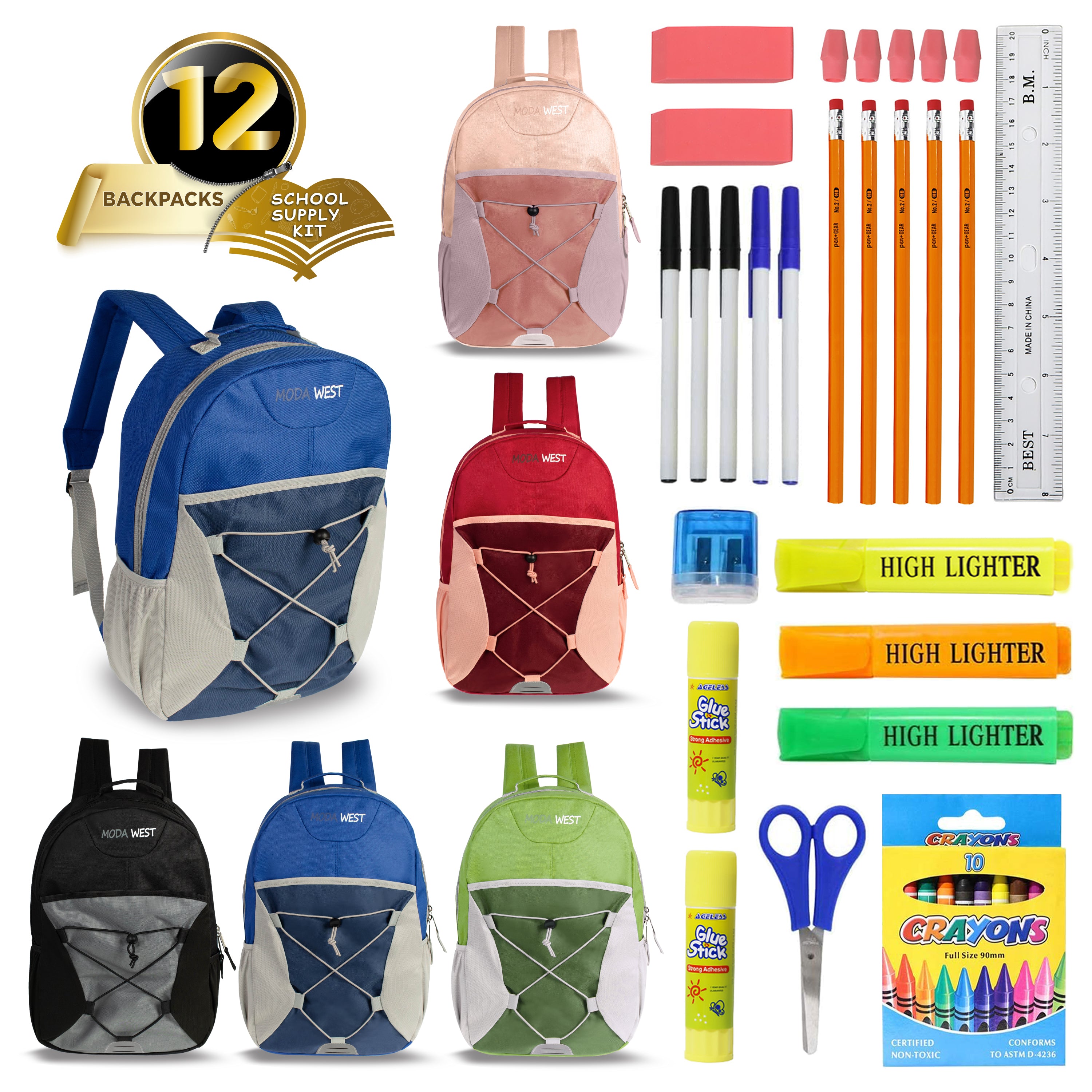 17 Inch Bulk Backpacks in Assorted Colors with School Supply Kits Wholesale - Kit of 12