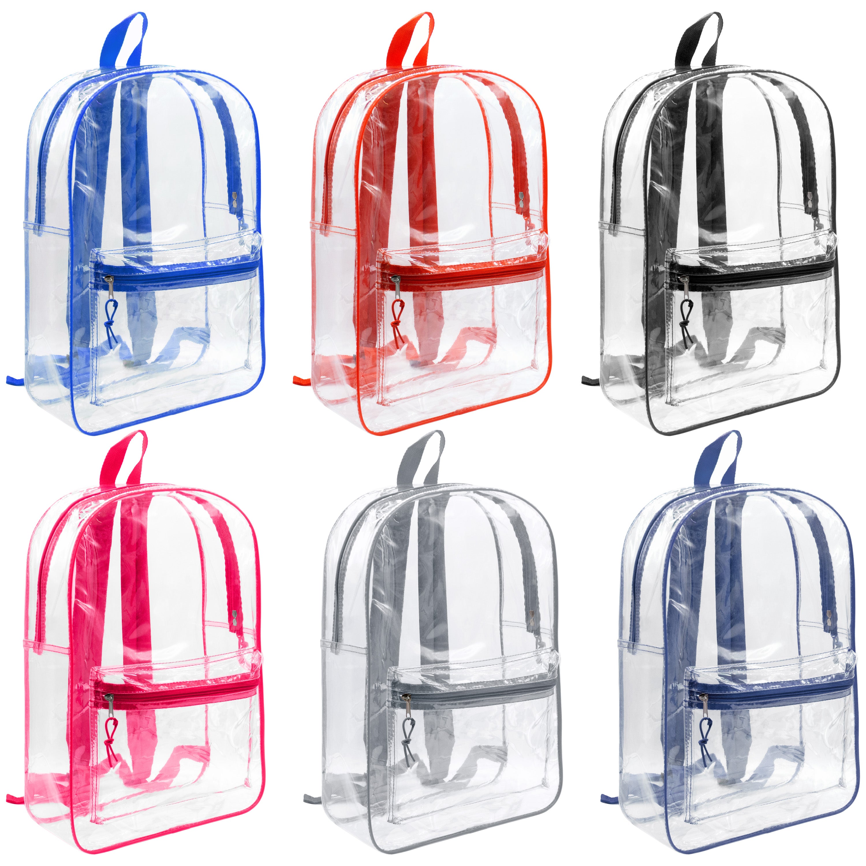 17" Clear Vinyl Backpacks With Assorted Color Piping - Wholesale Kit of 12