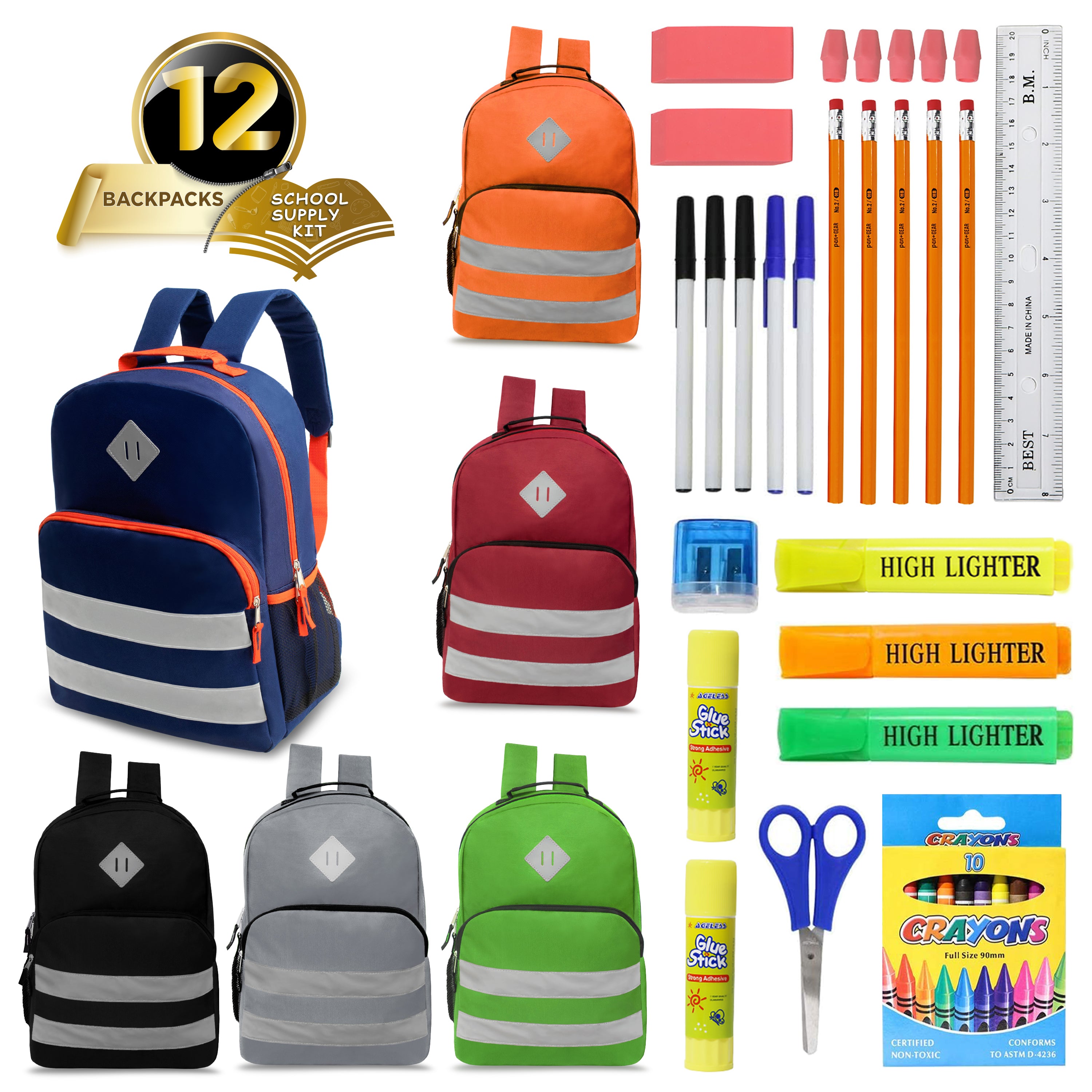 17 Inch Wholesale Backpacks in Assorted Colors with School Supply Kits Bulk - Case of 12