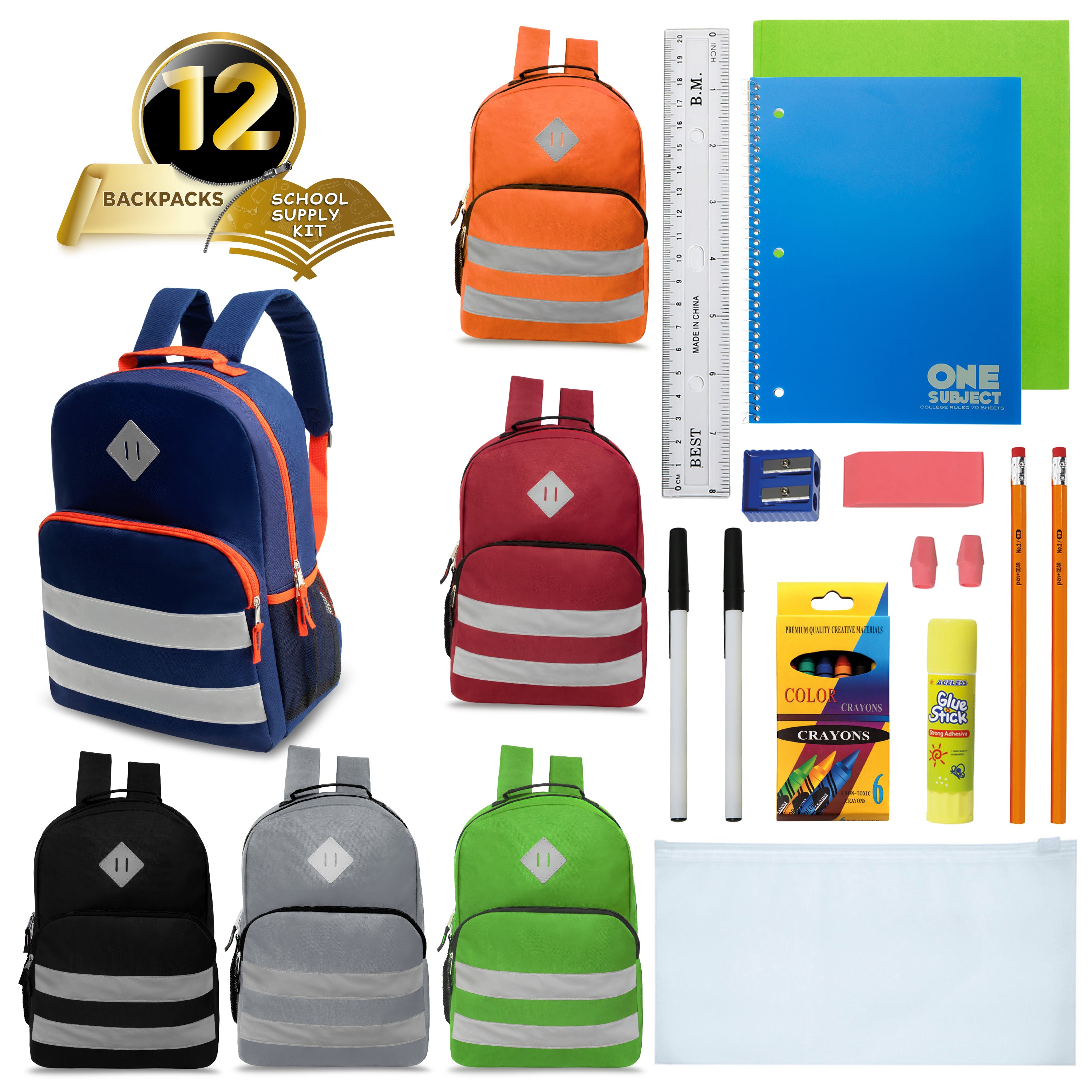 17 Inch Wholesale Backpacks in Assorted Colors with School Supply Kits Bulk - Case of 12