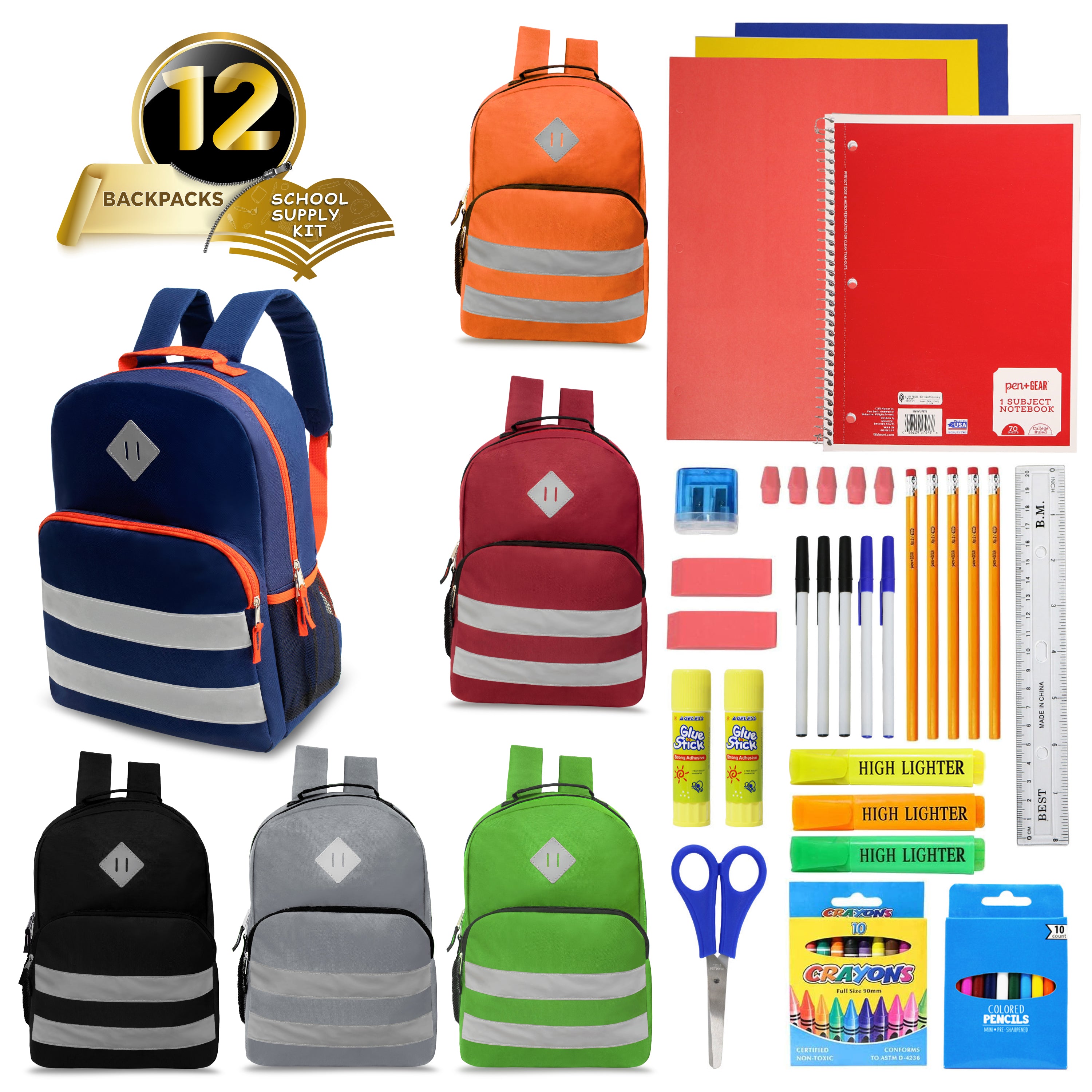 17 Inch Wholesale Backpacks in Assorted Colors with School Supply Kits Bulk - Case of 12