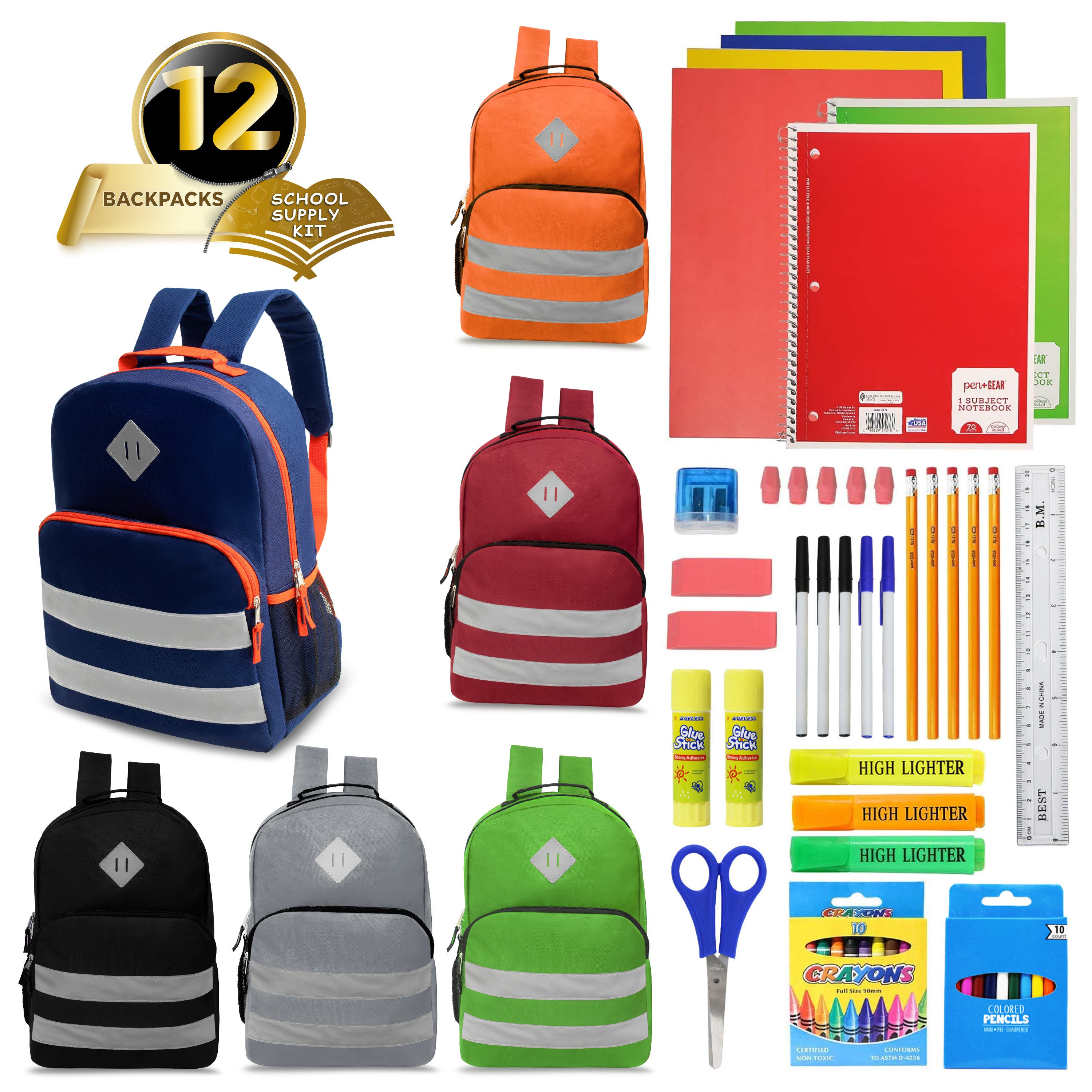 17 Inch Wholesale Backpacks in Assorted Colors with School Supply Kits Bulk - Case of 12