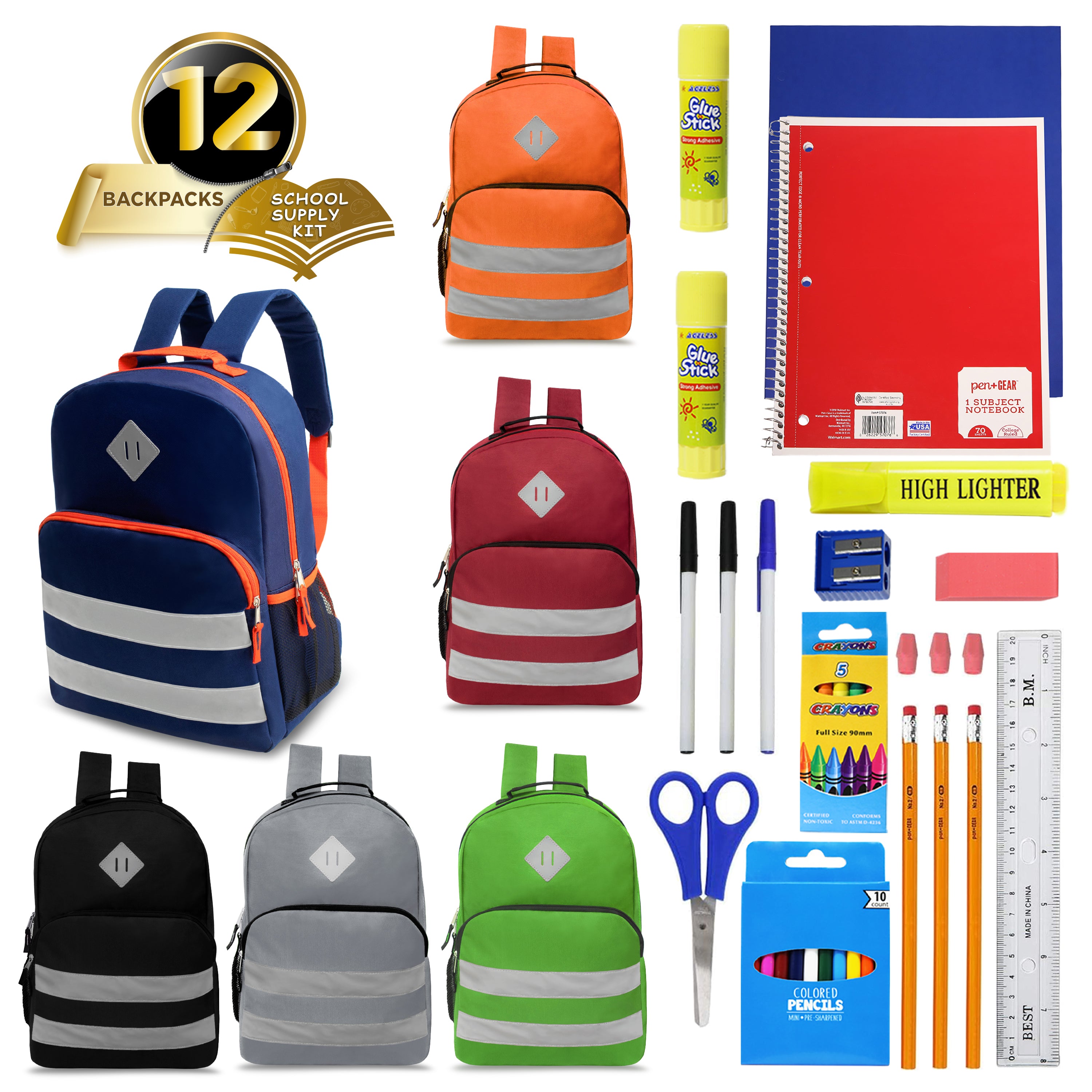 17 Inch Wholesale Backpacks in Assorted Colors with School Supply Kits Bulk - Case of 12