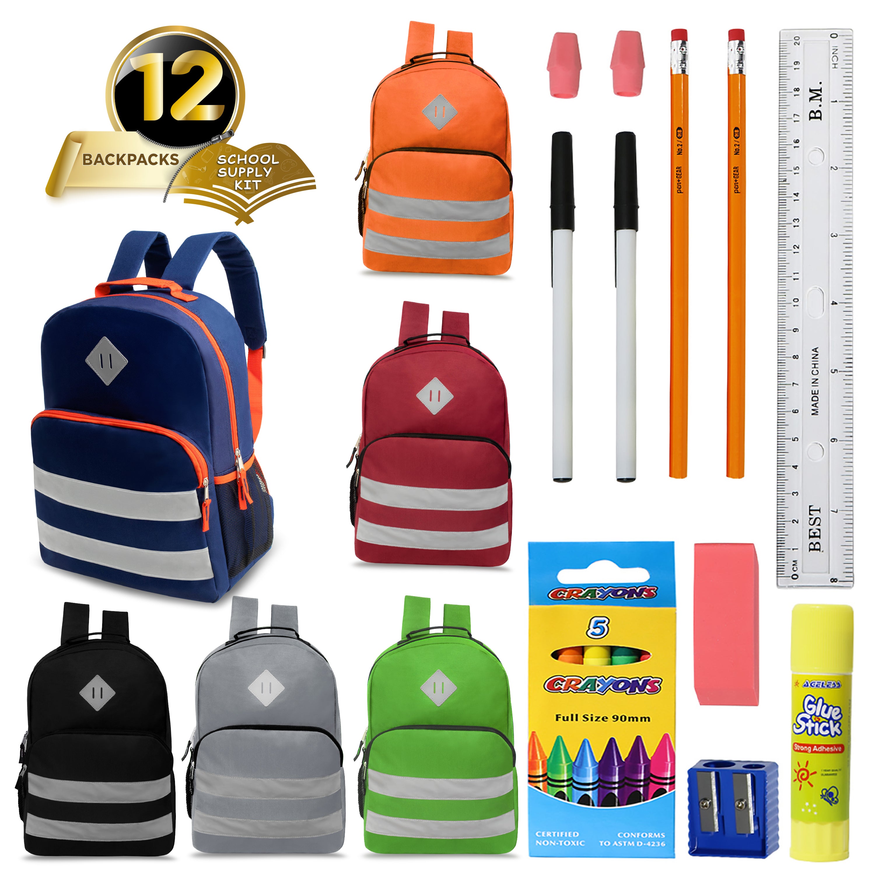 17 Inch Wholesale Backpacks in Assorted Colors with School Supply Kits Bulk - Case of 12