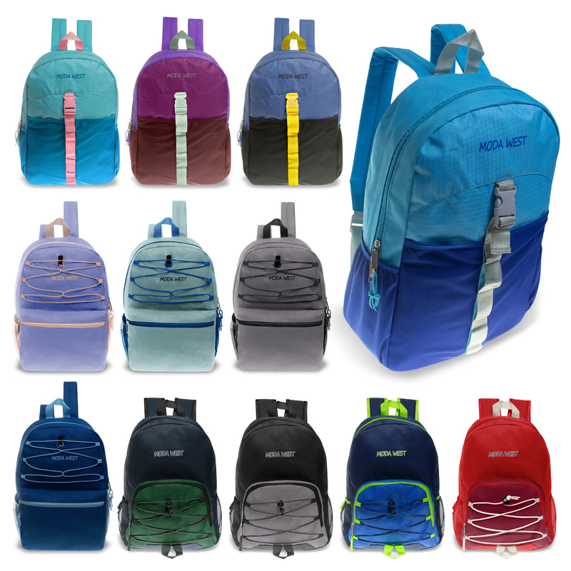 24 Pack of 17" Bungee Wholesale Backpack in Assorted Colors and Styles - Bulk Case of 24