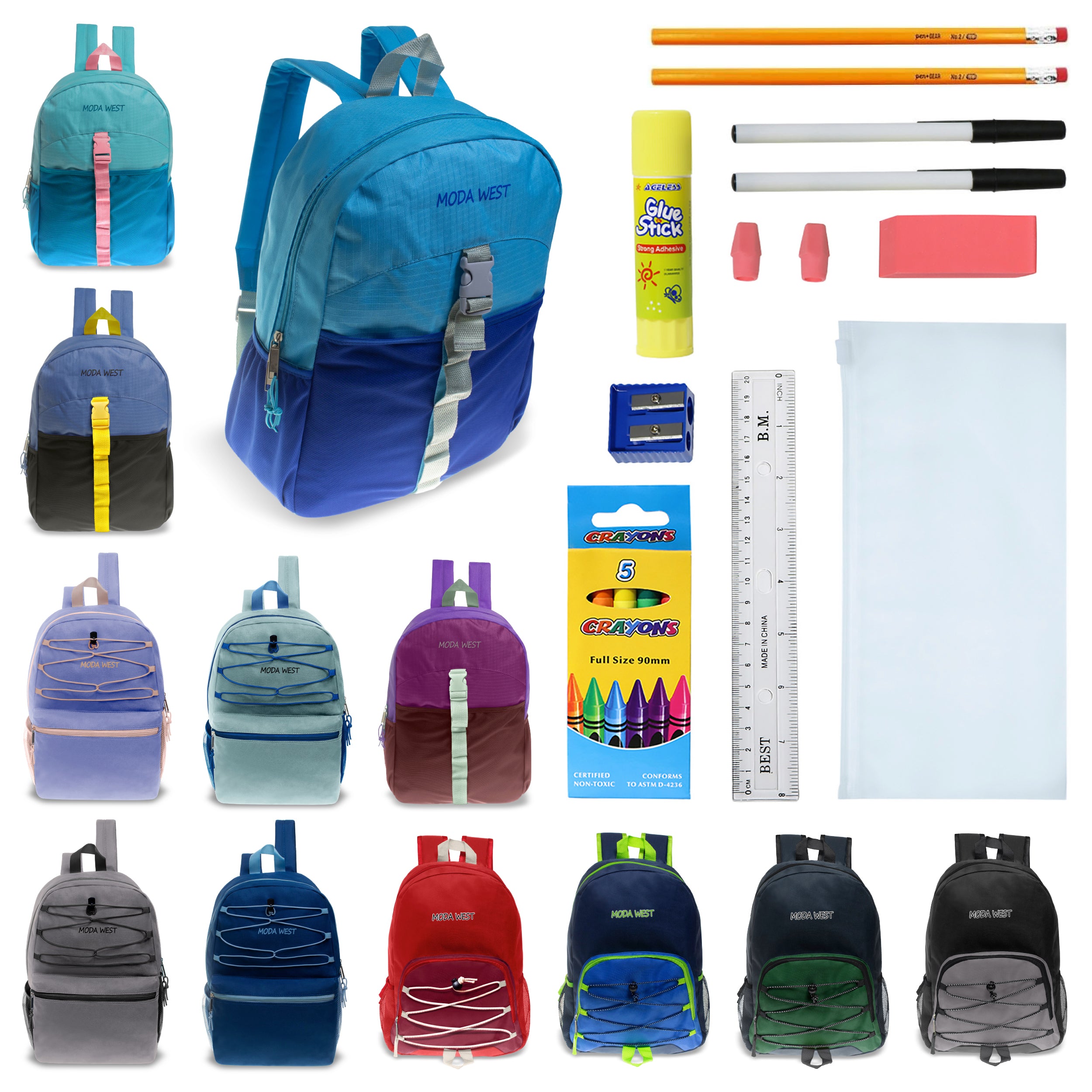 17 Inch Wholesale Backpacks in Assorted Colors with School Supply Kits Bulk - Case of 12