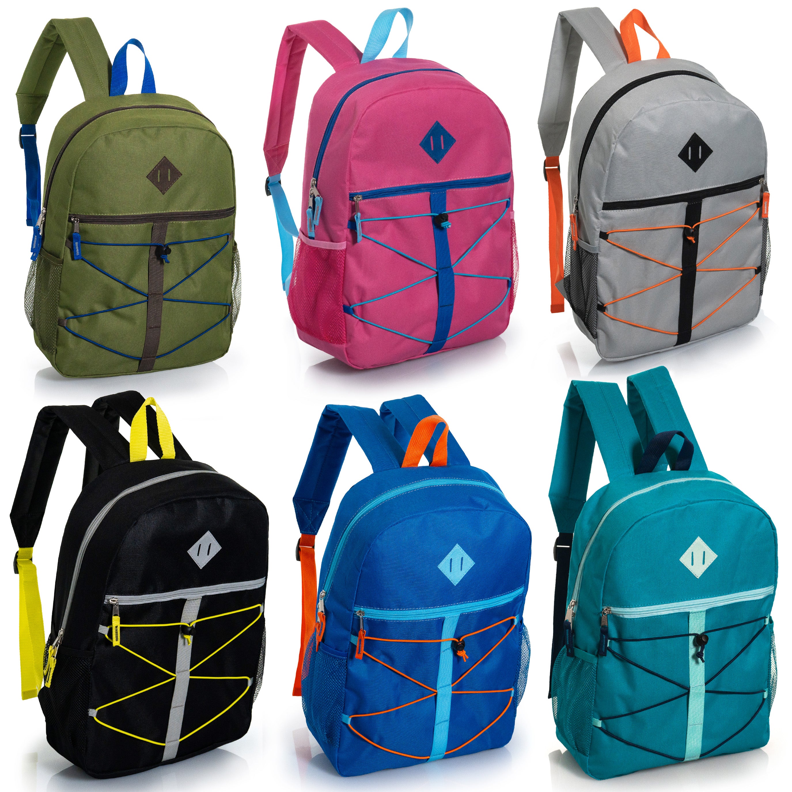 17" Wholesale Bungee Backpacks in 6 Colors with Side Pockets - Bulk Case of 24 Bookbags