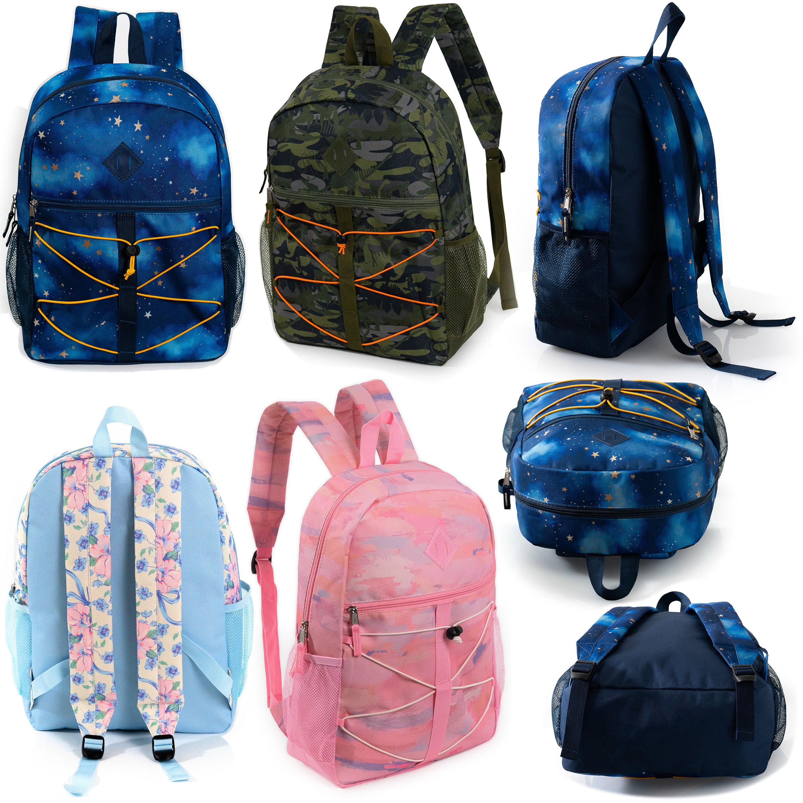 17" Wholesale Bungee Backpacks with Side Pockets in 6 Patterns - Bulk Case of 24 Bookbags