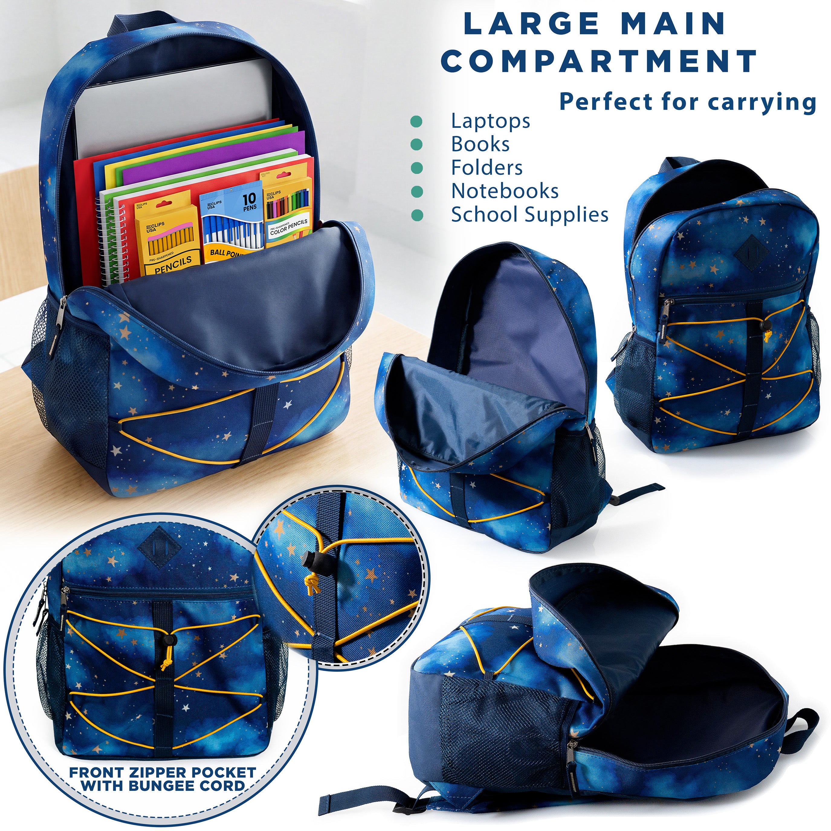 17" Wholesale Bungee Backpacks with Side Pockets in 6 Patterns - Bulk Case of 24 Bookbags