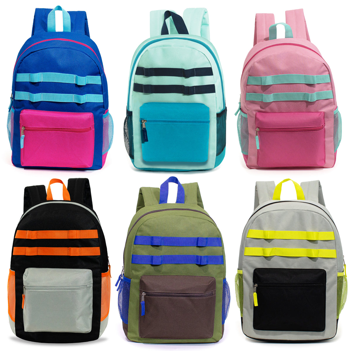 12 Bungee & Daisy Chain 17" Backpacks & Your Choice of 12 Bulk Hygiene Kits - Wholesale Care Package: Homeless, Emergency, Charity