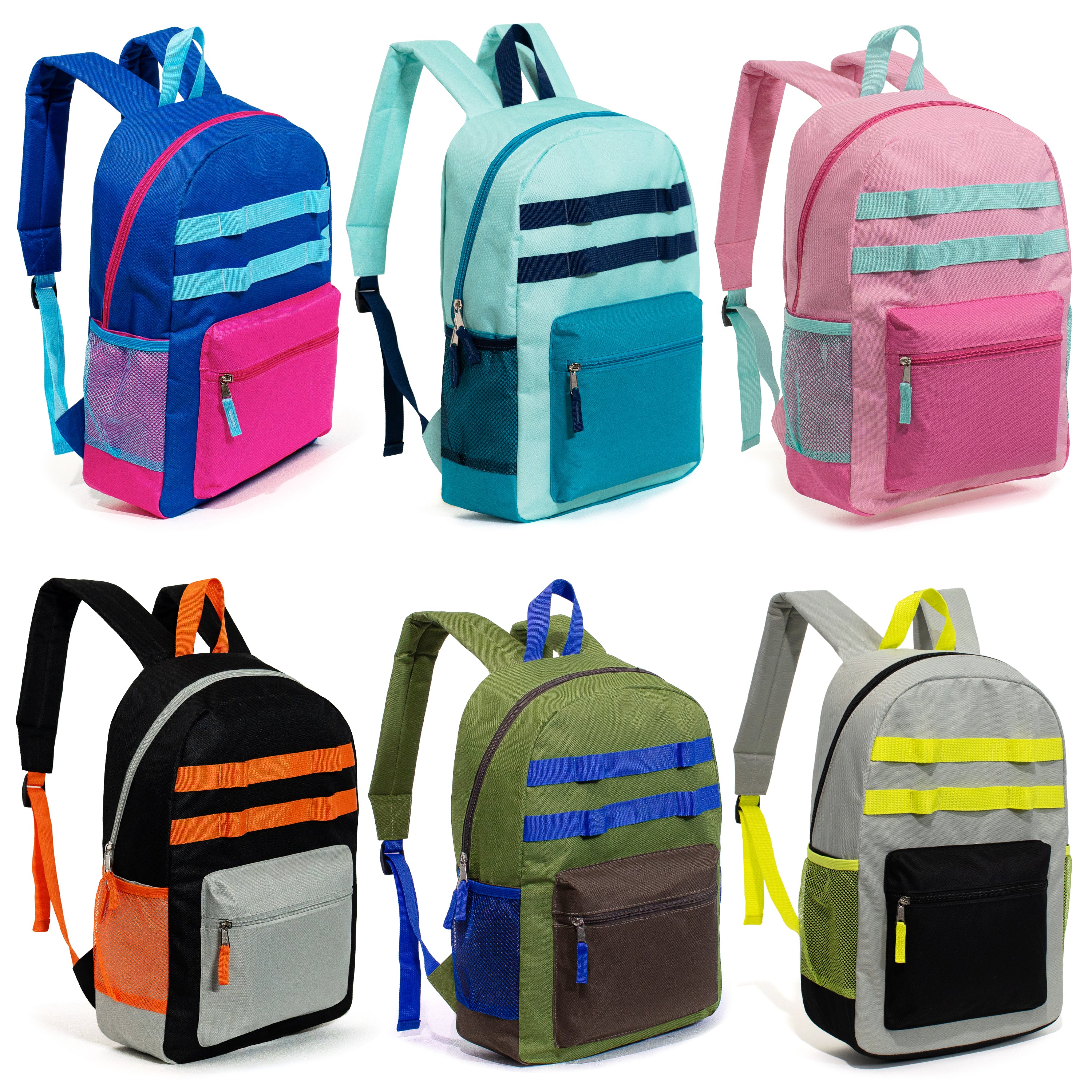 17" Wholesale Backpacks | 2 Different Prints | Dual Mesh Side Pockets - Bulk Case of 24 Bookbags