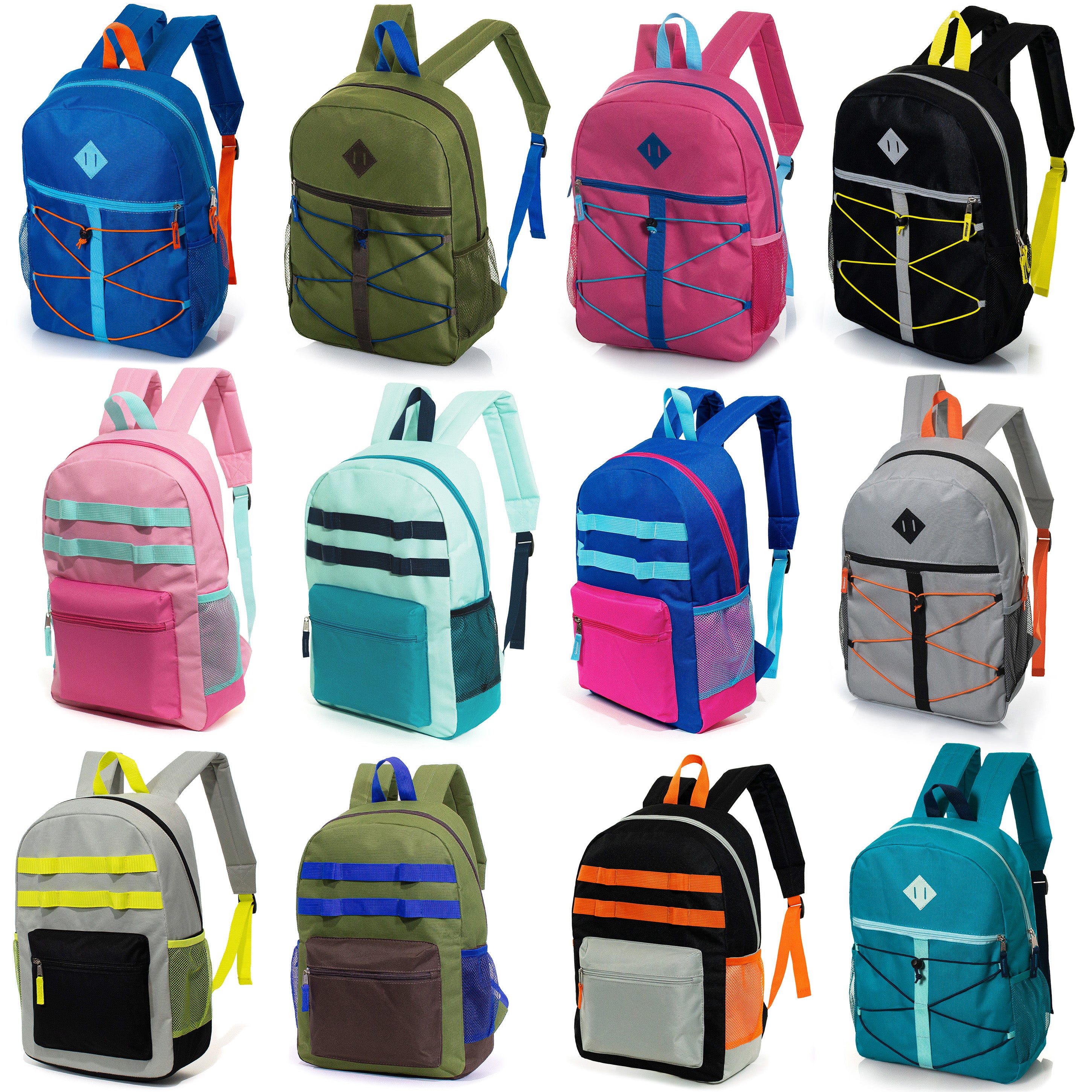 12 Wholesale 17" Backpacks in 12 Assorted Colors and Prints & 12 Bulk School Supply Kits of Your Choice