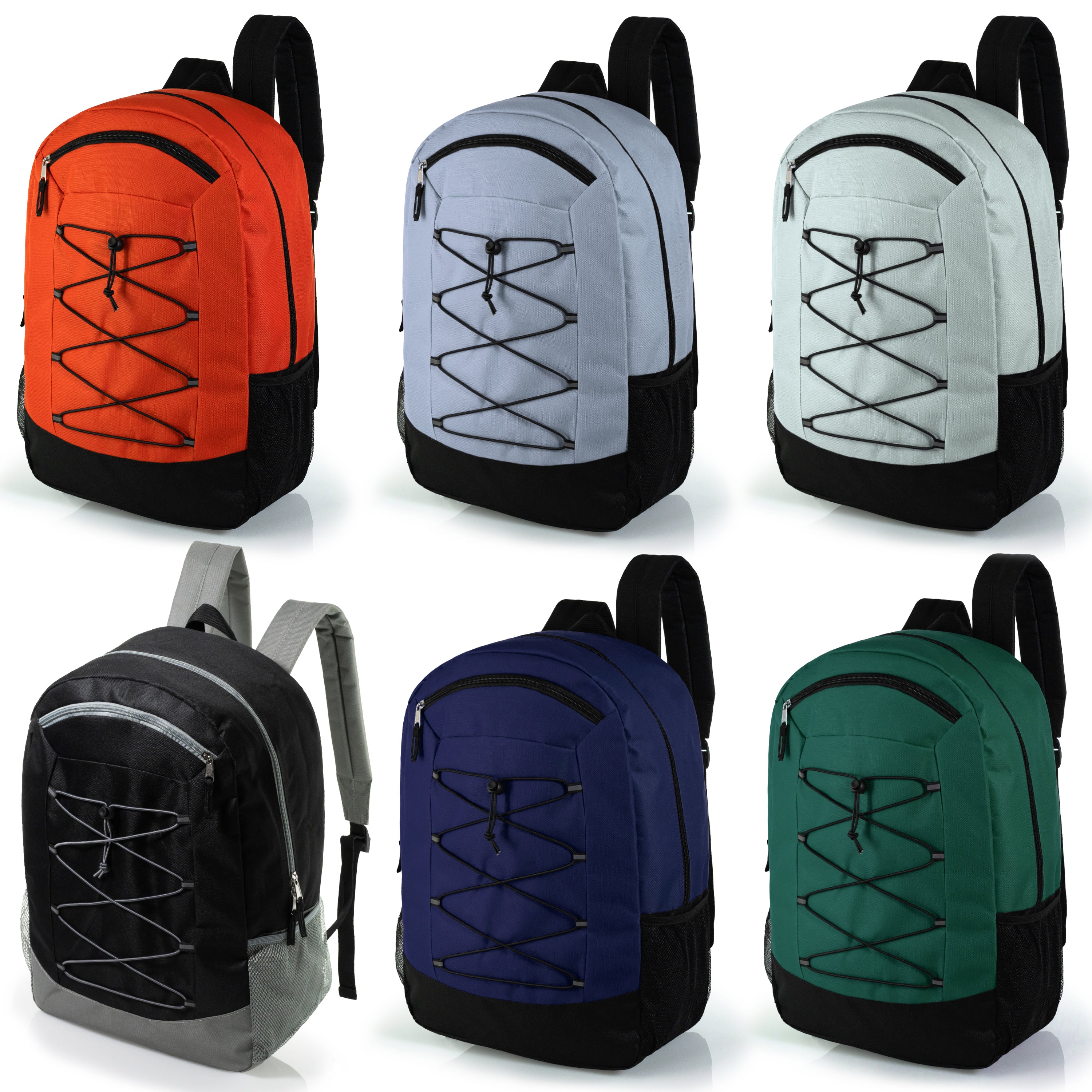 19" Deluxe Wholesale Bungee Backpacks in 6 Colors | Dual Mesh Side Pockets - Bulk Case of 24 Bookbags