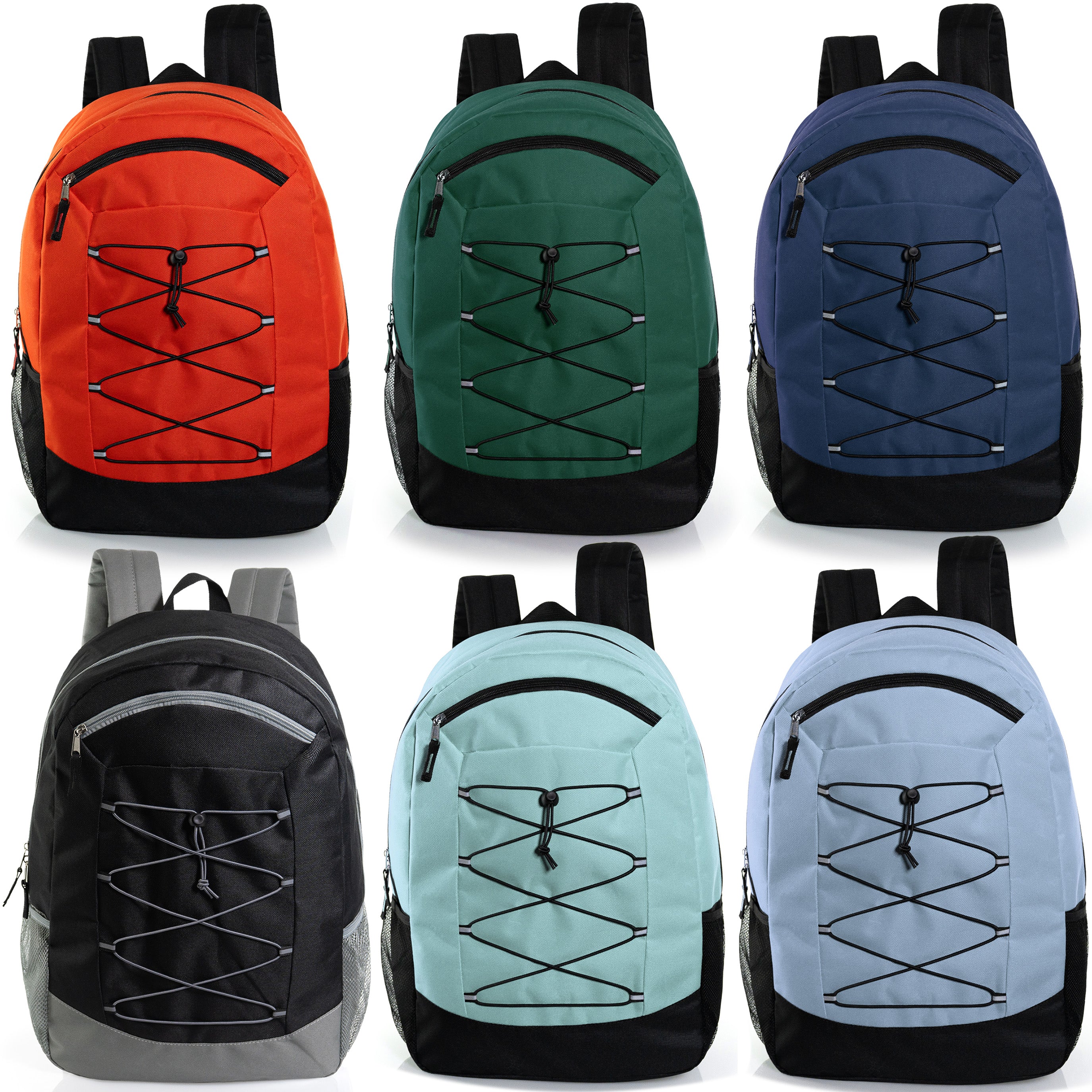 19" Deluxe Wholesale Bungee Backpacks in 6 Colors | Dual Mesh Side Pockets - Bulk Case of 24 Bookbags