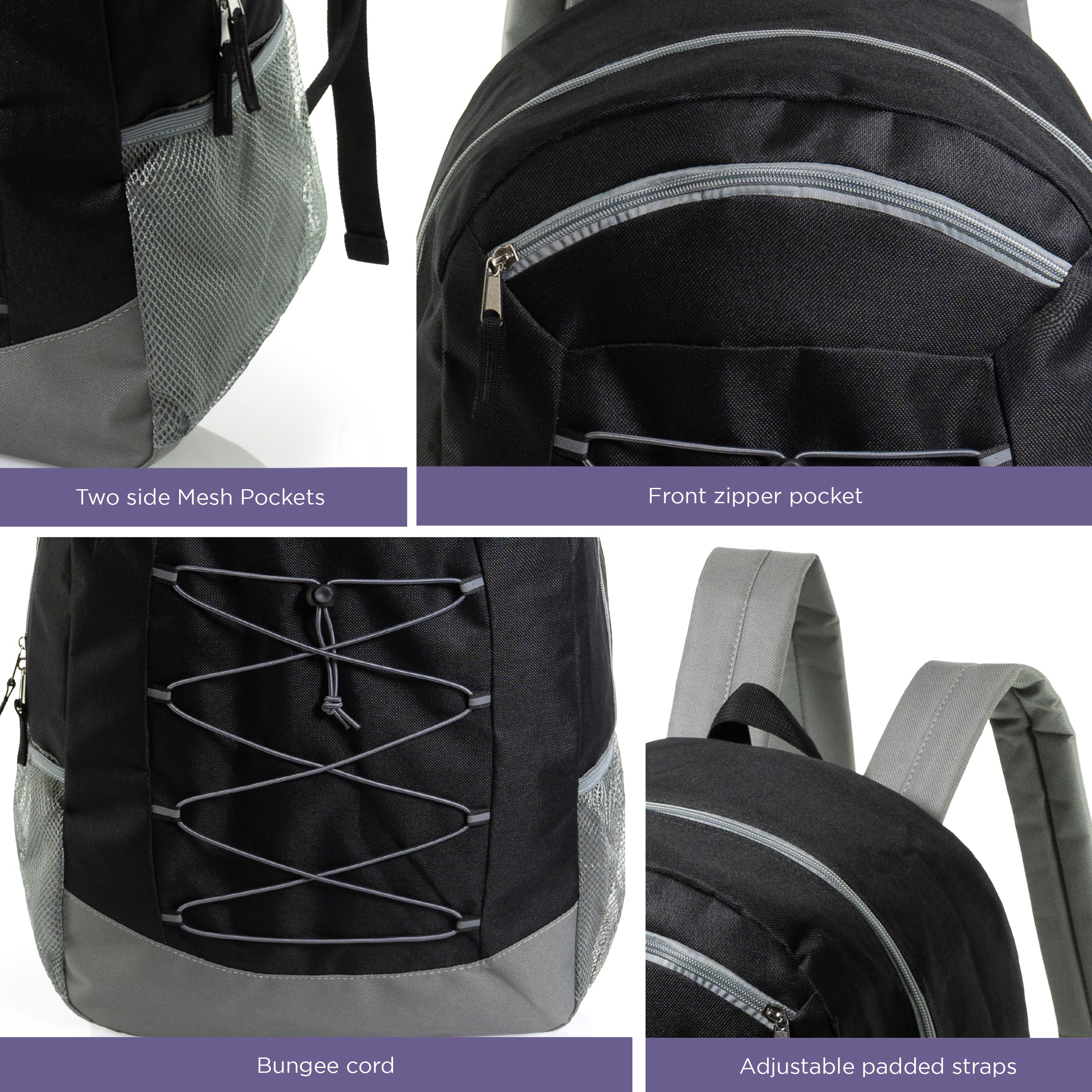 19" Deluxe Wholesale Bungee Backpacks in 6 Colors | Dual Mesh Side Pockets - Bulk Case of 24 Bookbags