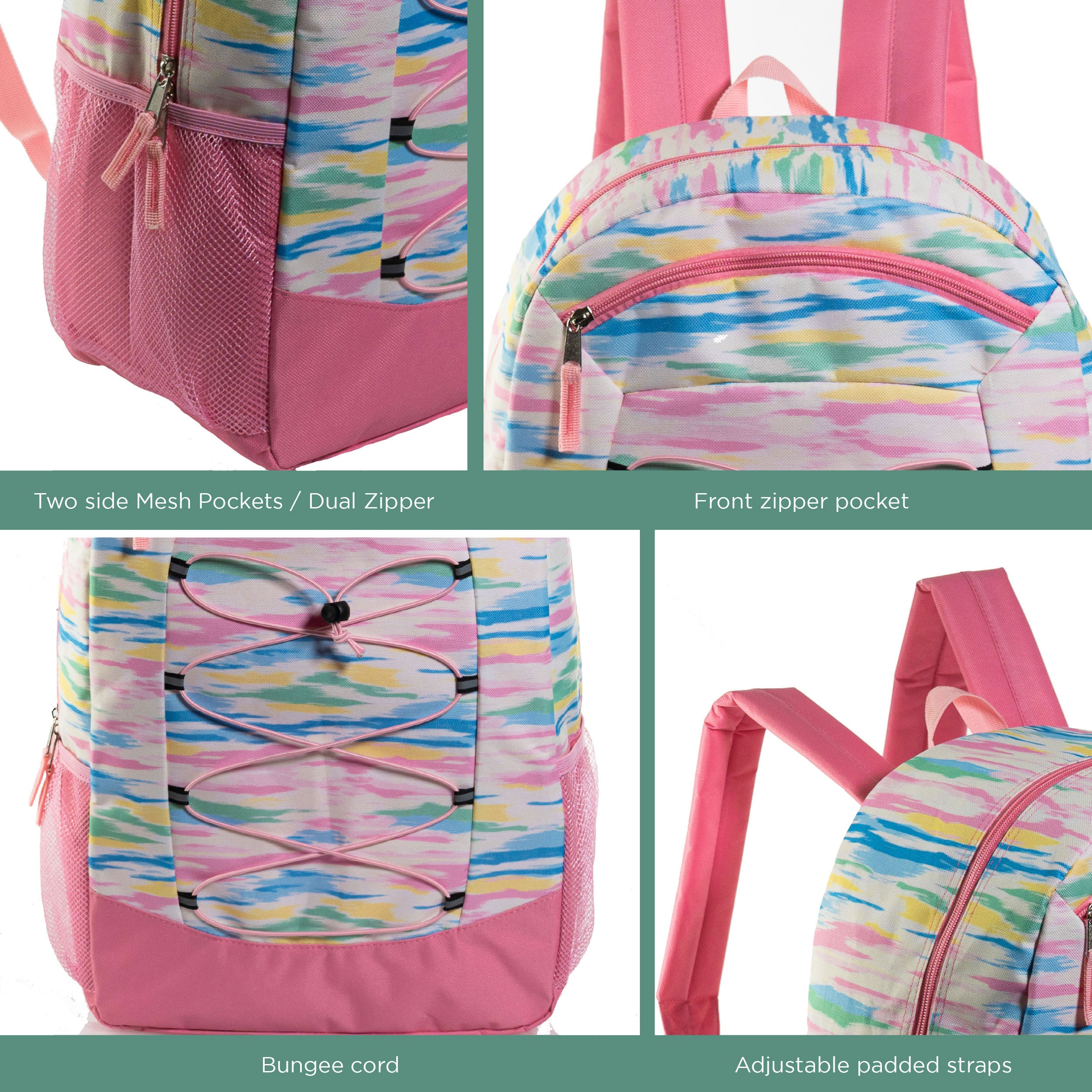 12 Wholesale 19" Bungee Backpack in 6 Patterns & 12 Bulk School Supply Kits of Your Choice