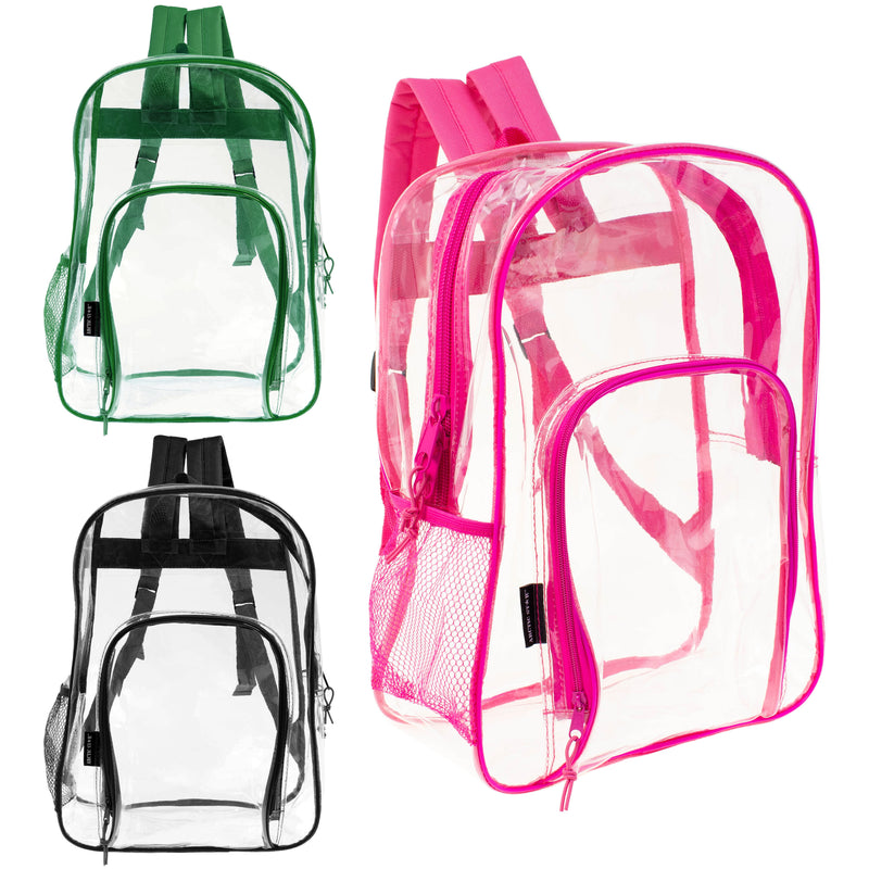 Clear Vinyl Piping Bulk Backpacks - 3 Assorted Colors- Wholesale Case of 24 Bookbags