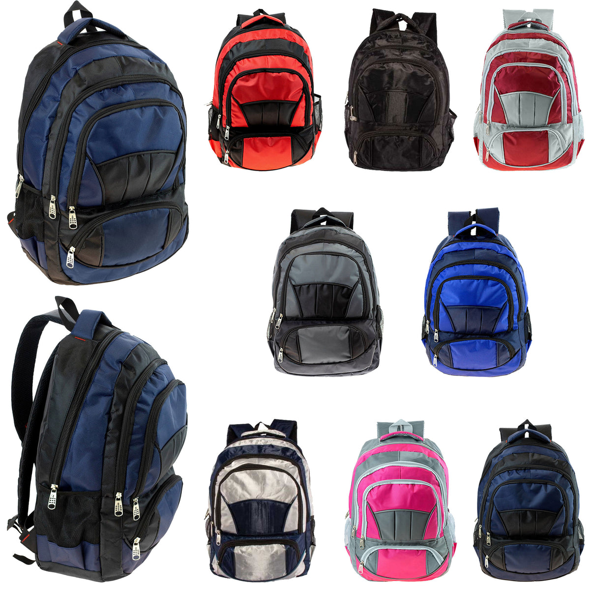 12 Wholesale 19" Premium Quality Backpacks w/4 Storage Compartments & 12 Bulk School Supply Kits of Your Choice