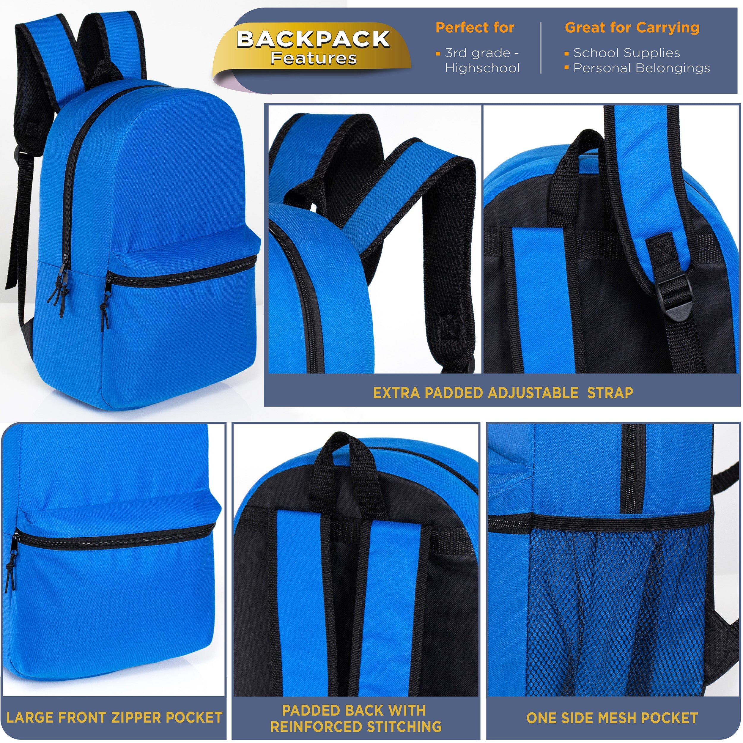 12 Wholesale 16" Basic Backpacks in 12 Assorted Colors & 12 Bulk School Supply Kits of Your Choice
